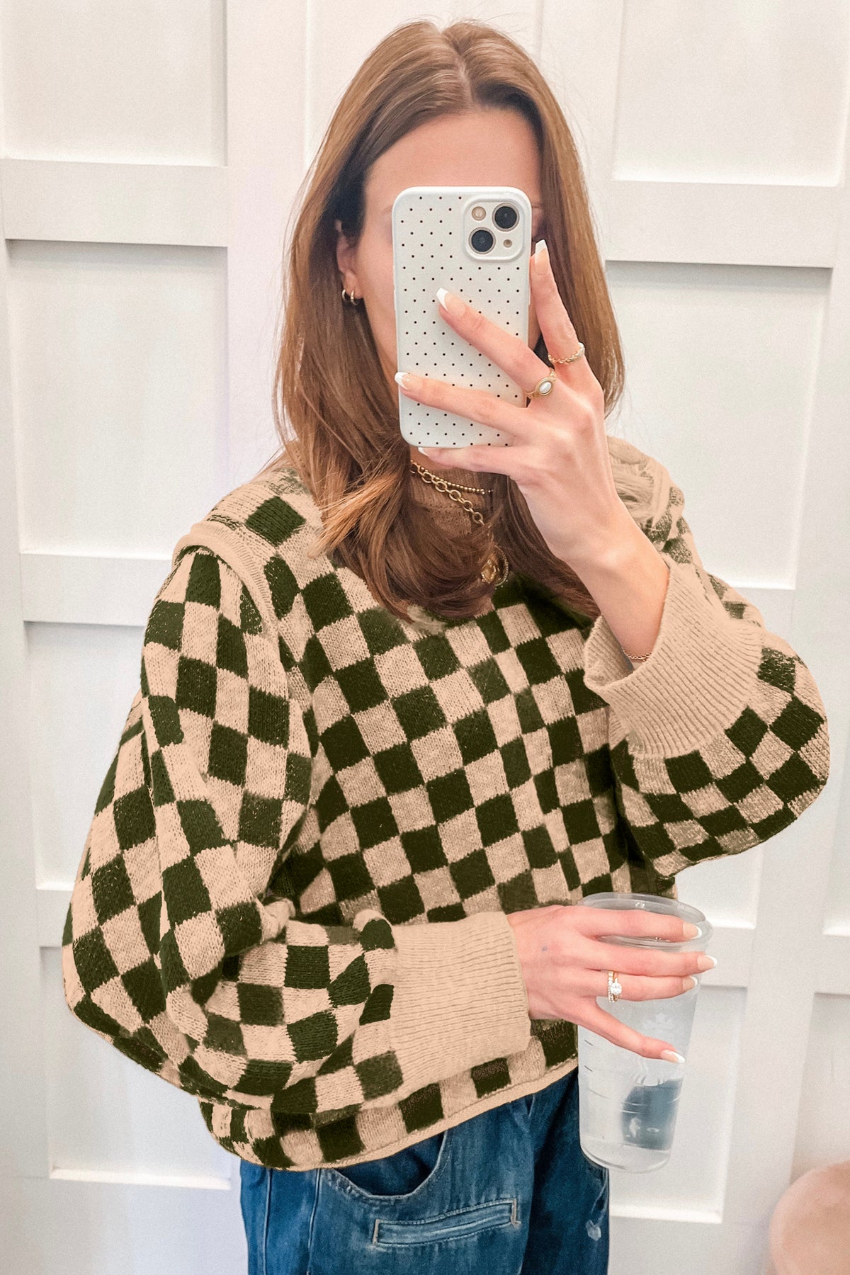 Multicolour Drop Shoulder Plaid Knit Long Sleeve Sweater-Sweaters & Cardigans/Sweaters-[Adult]-[Female]-2022 Online Blue Zone Planet