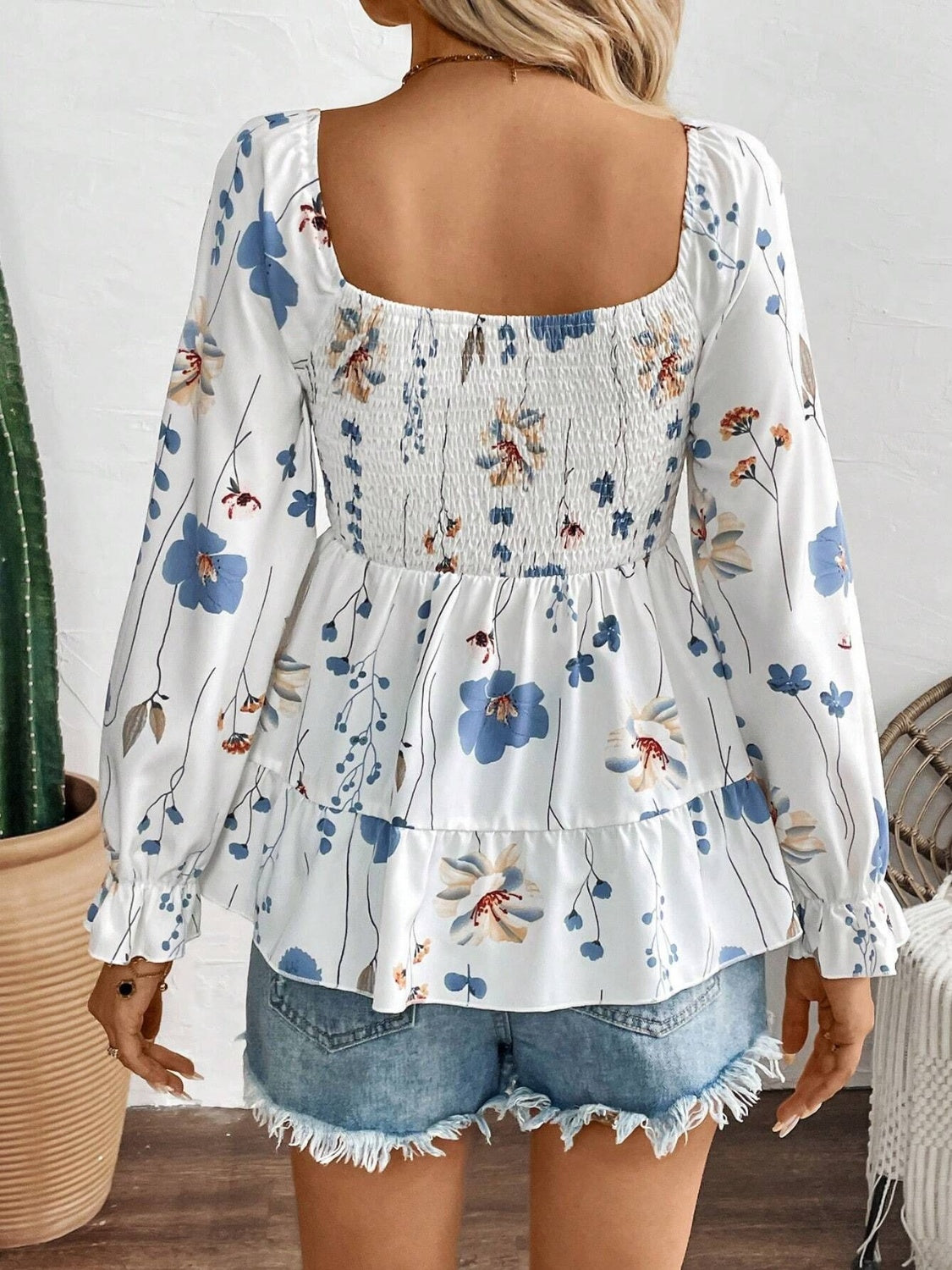 Smocked Floral Scoop Neck Flounce Sleeve Blouse-TOPS / DRESSES-[Adult]-[Female]-2022 Online Blue Zone Planet