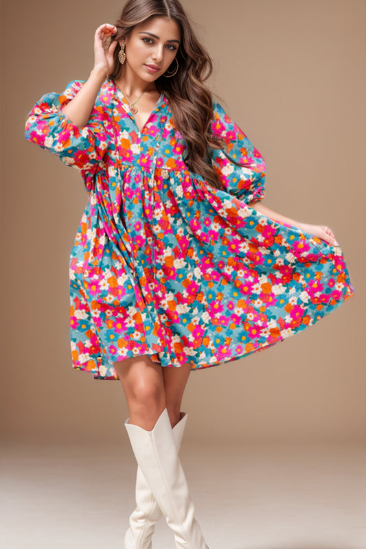 Floral Tie Neck Puff Sleeve Mini Dress-TOPS / DRESSES-[Adult]-[Female]-Floral-S-2022 Online Blue Zone Planet