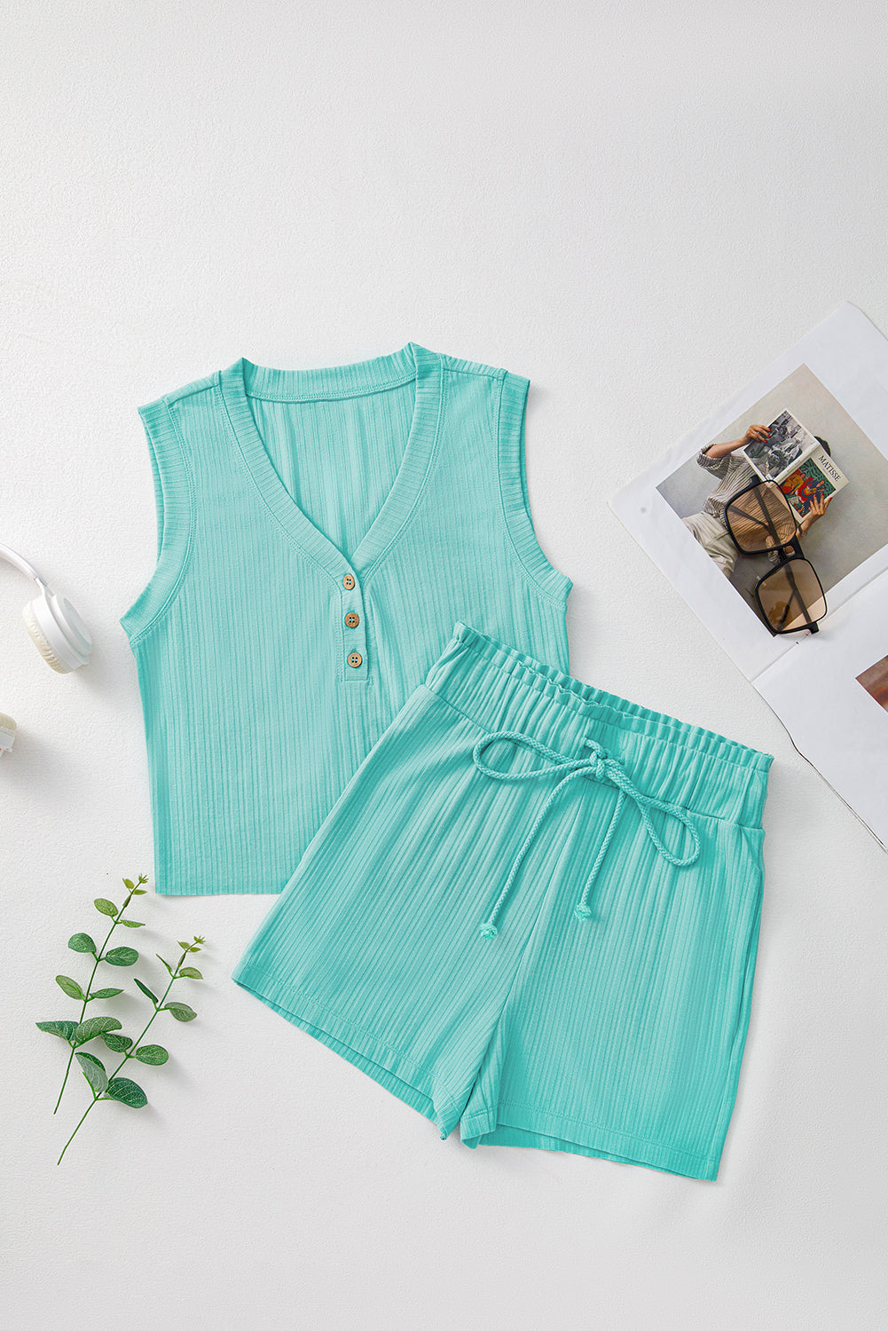 Mint Green Ribbed Button V Neck Tank Top And Shorts Set-Two Piece Sets/Short Sets-[Adult]-[Female]-2022 Online Blue Zone Planet