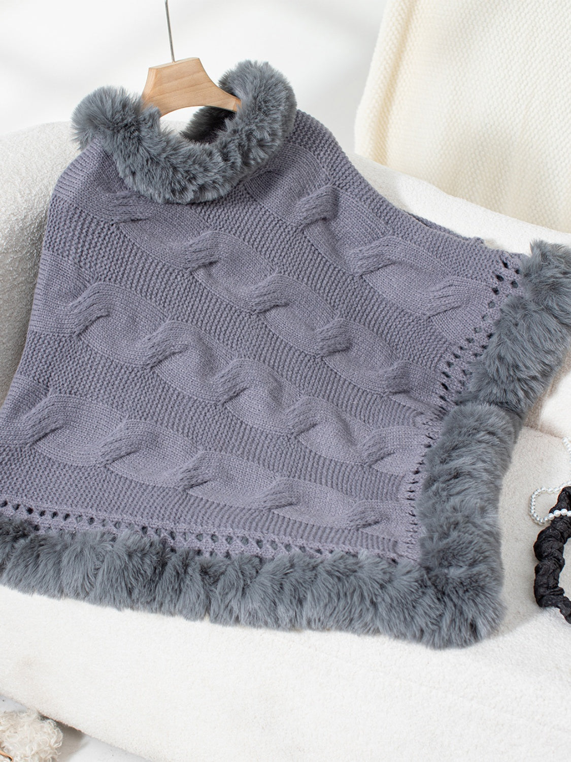 Fuzzy Hem Cable-Knit Poncho-TOPS / DRESSES-[Adult]-[Female]-2022 Online Blue Zone Planet