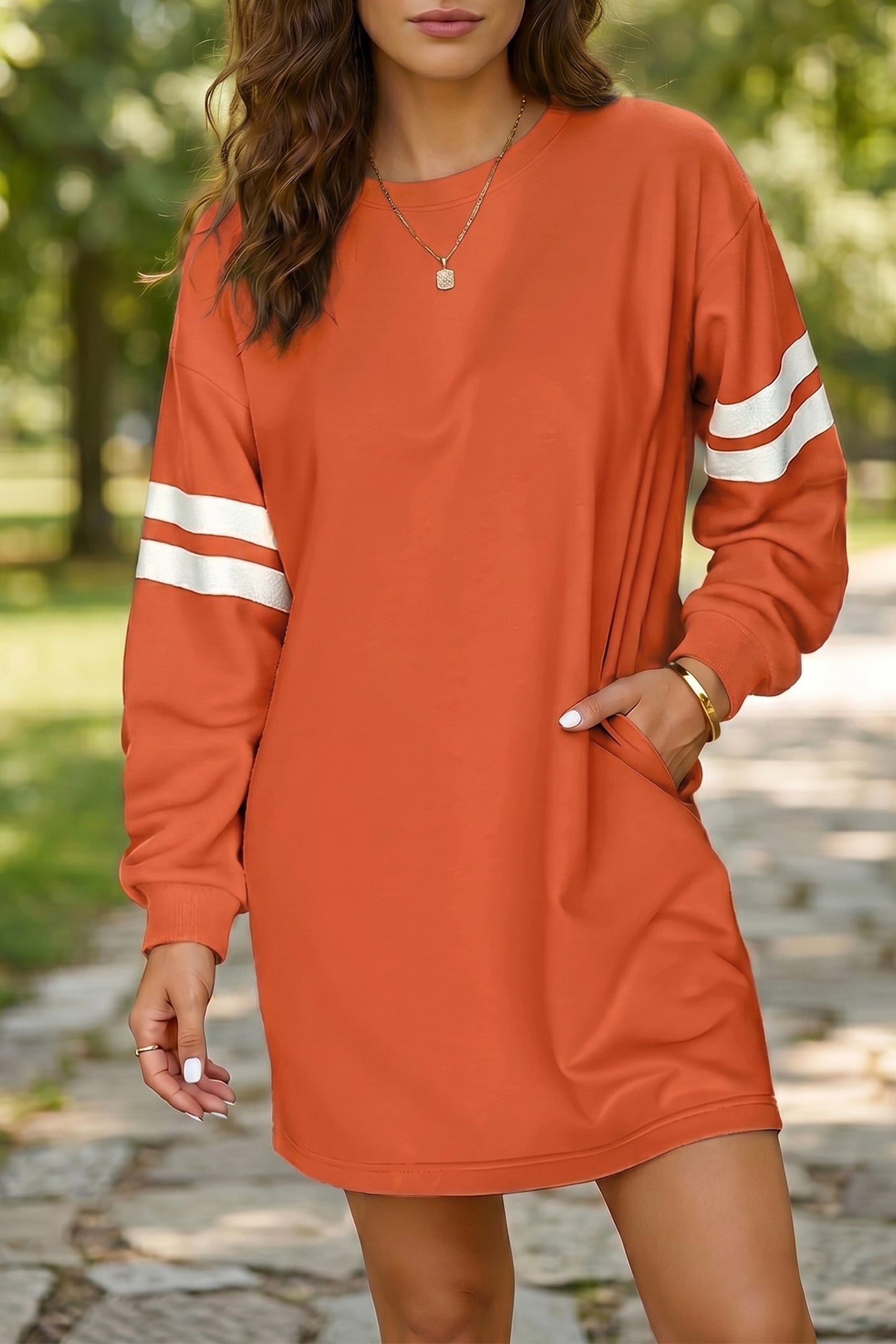 Orange Varsity Contrast Banded Sleeve Shift Sweatshirt Dress-TOPS / DRESSES-[Adult]-[Female]-2022 Online Blue Zone Planet