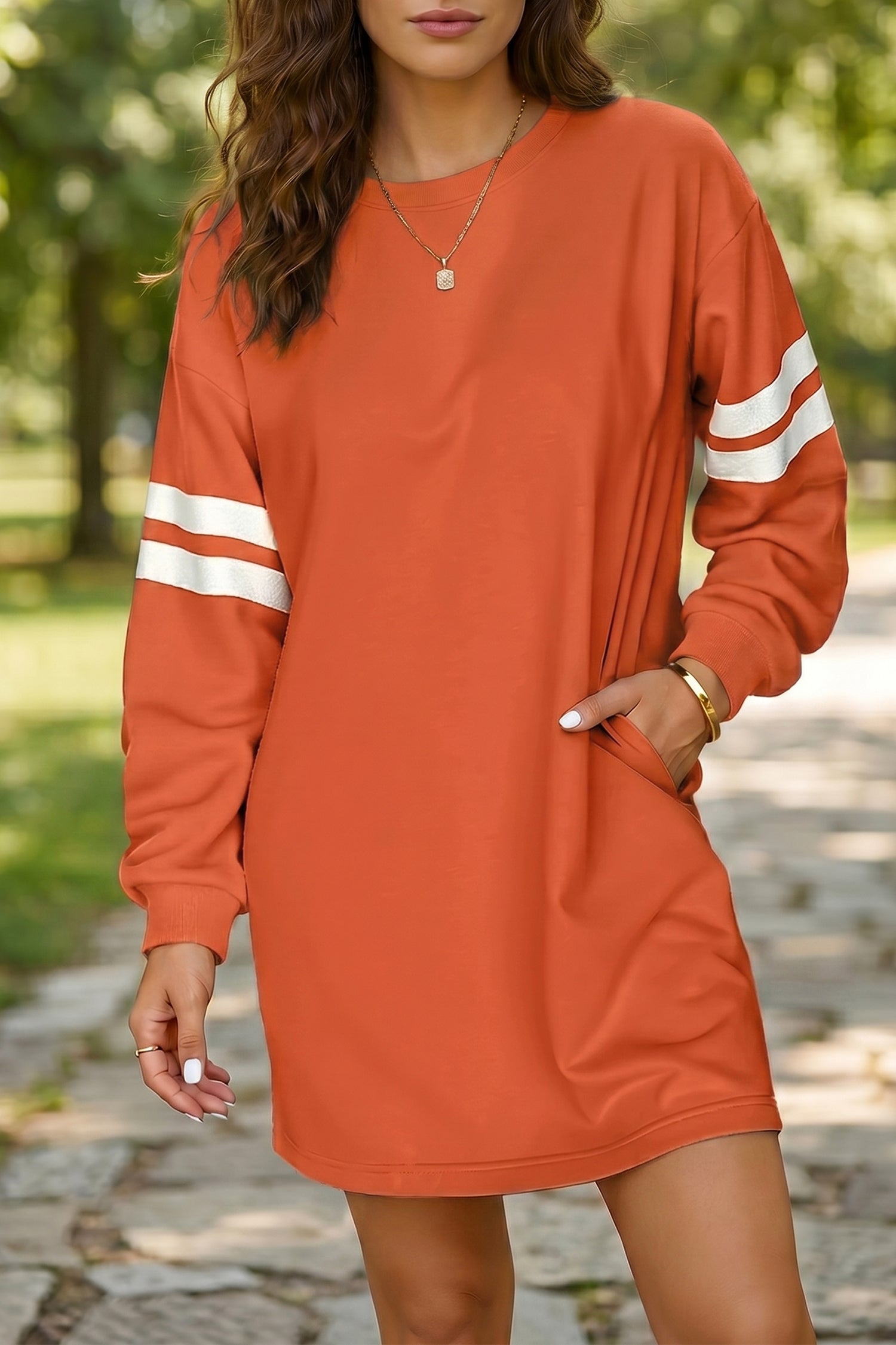 Orange Varsity Contrast Banded Sleeve Shift Sweatshirt Dress-TOPS / DRESSES-[Adult]-[Female]-2022 Online Blue Zone Planet