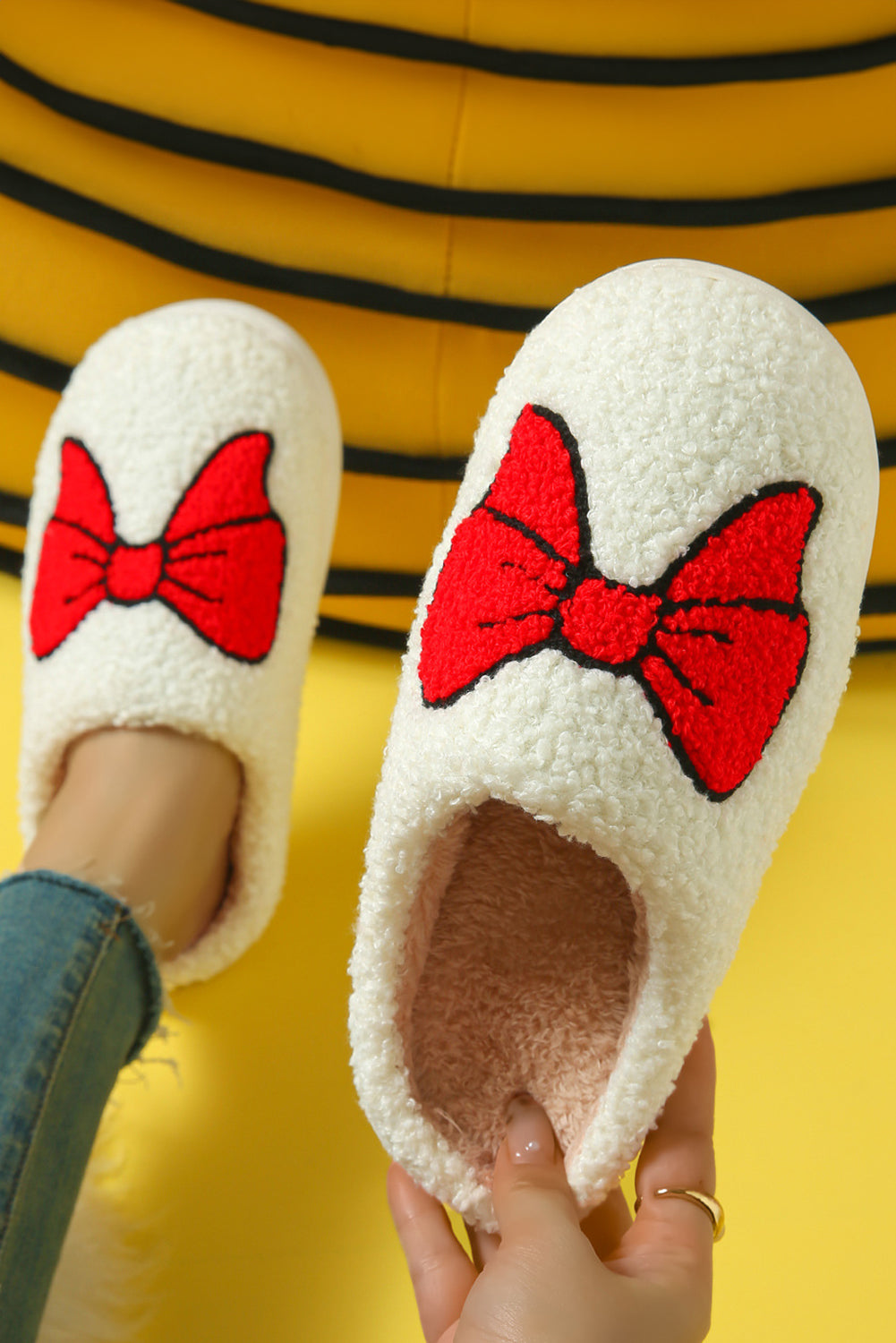 White Sweet Bow Knot Plush Warm Slippers-Slides Shoes + Flip Flops-[Adult]-[Female]-White-37-2022 Online Blue Zone Planet