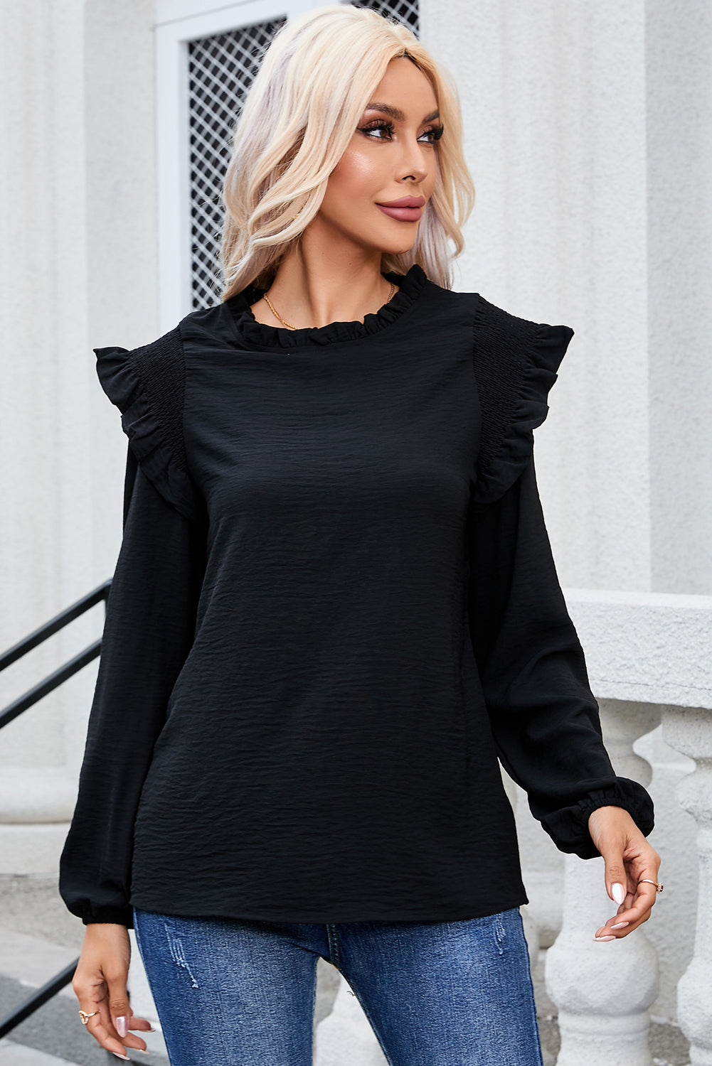 Frill Mock Neck Ruffled Balloon Sleeve Blouse-TOPS / DRESSES-[Adult]-[Female]-2022 Online Blue Zone Planet