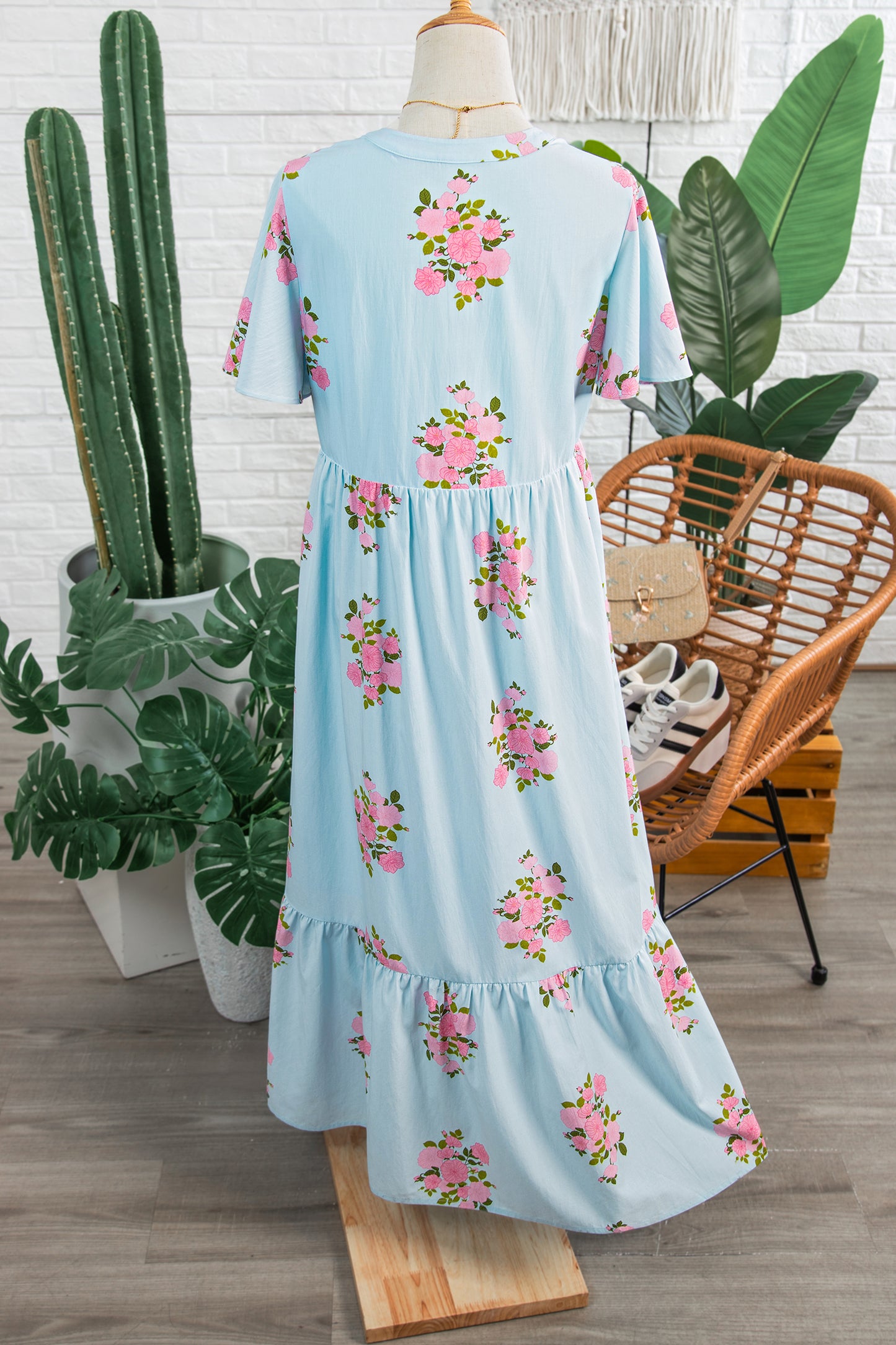 Sky Blue Notched Neck Flutter Short Sleeve Floral Print Maxi Dress-TOPS / DRESSES-[Adult]-[Female]-2022 Online Blue Zone Planet