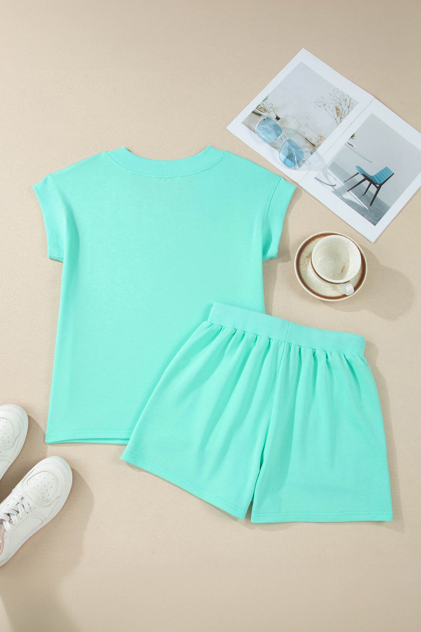 Sachet Pink V Neck Short Sleeve Top Drawstring Shorts 2pcs Set-Two Piece Sets/Short Sets-[Adult]-[Female]-2022 Online Blue Zone Planet