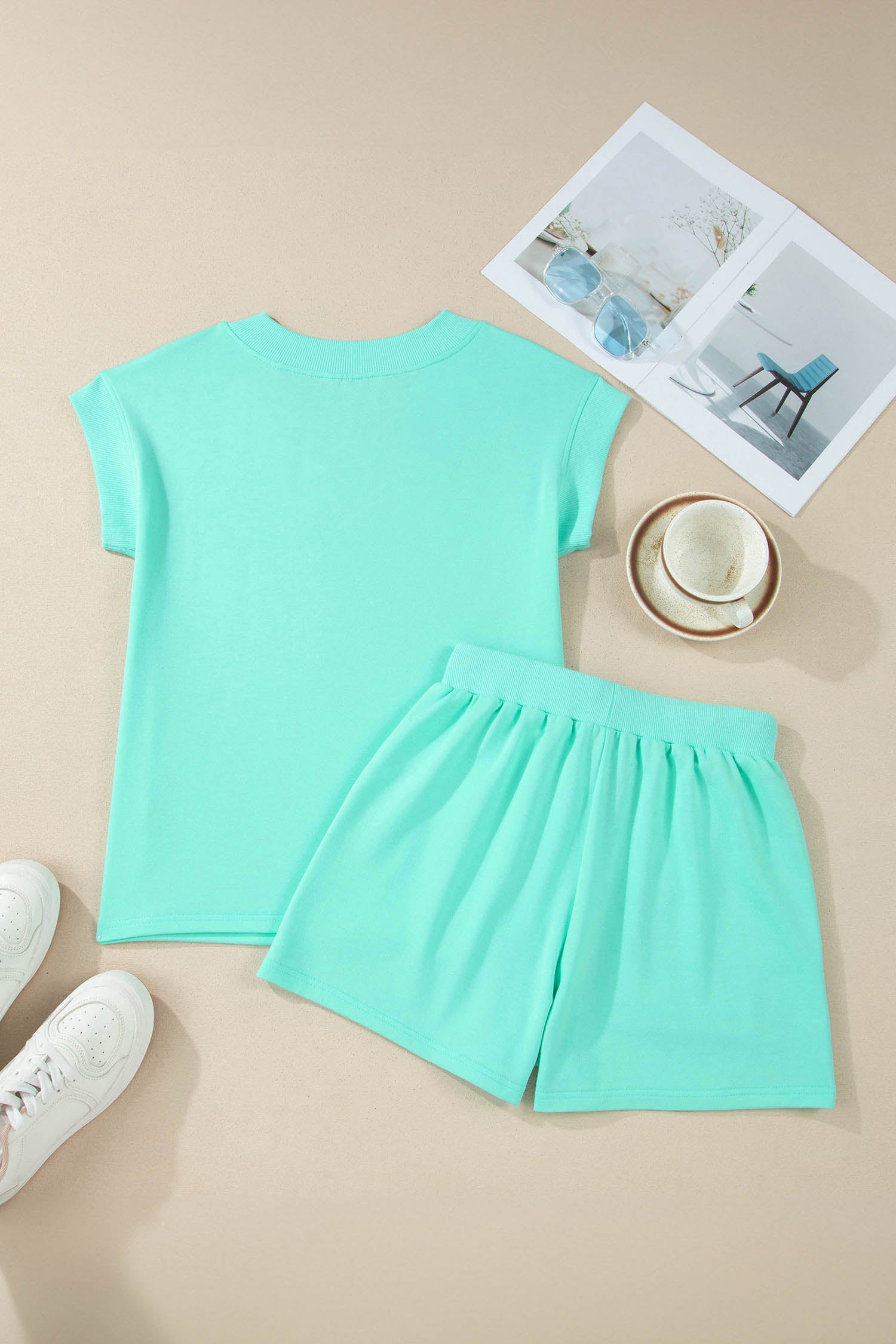 Sachet Pink V Neck Short Sleeve Top Drawstring Shorts 2pcs Set-Two Piece Sets/Short Sets-[Adult]-[Female]-2022 Online Blue Zone Planet