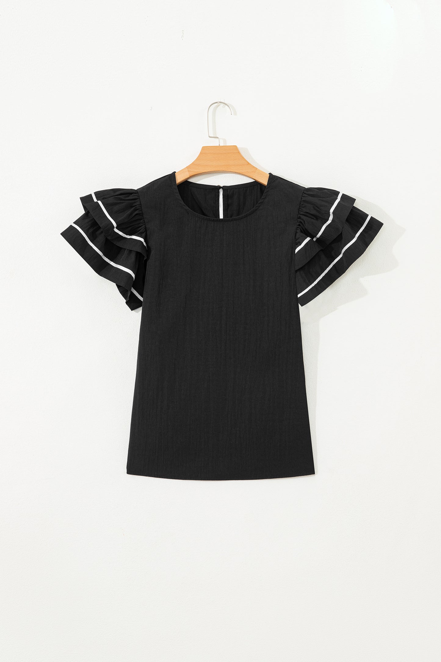 Black Contrast Trim Dual Ruffle Short Sleeve Textured Blouse-Tops/Blouses & Shirts-[Adult]-[Female]-2022 Online Blue Zone Planet