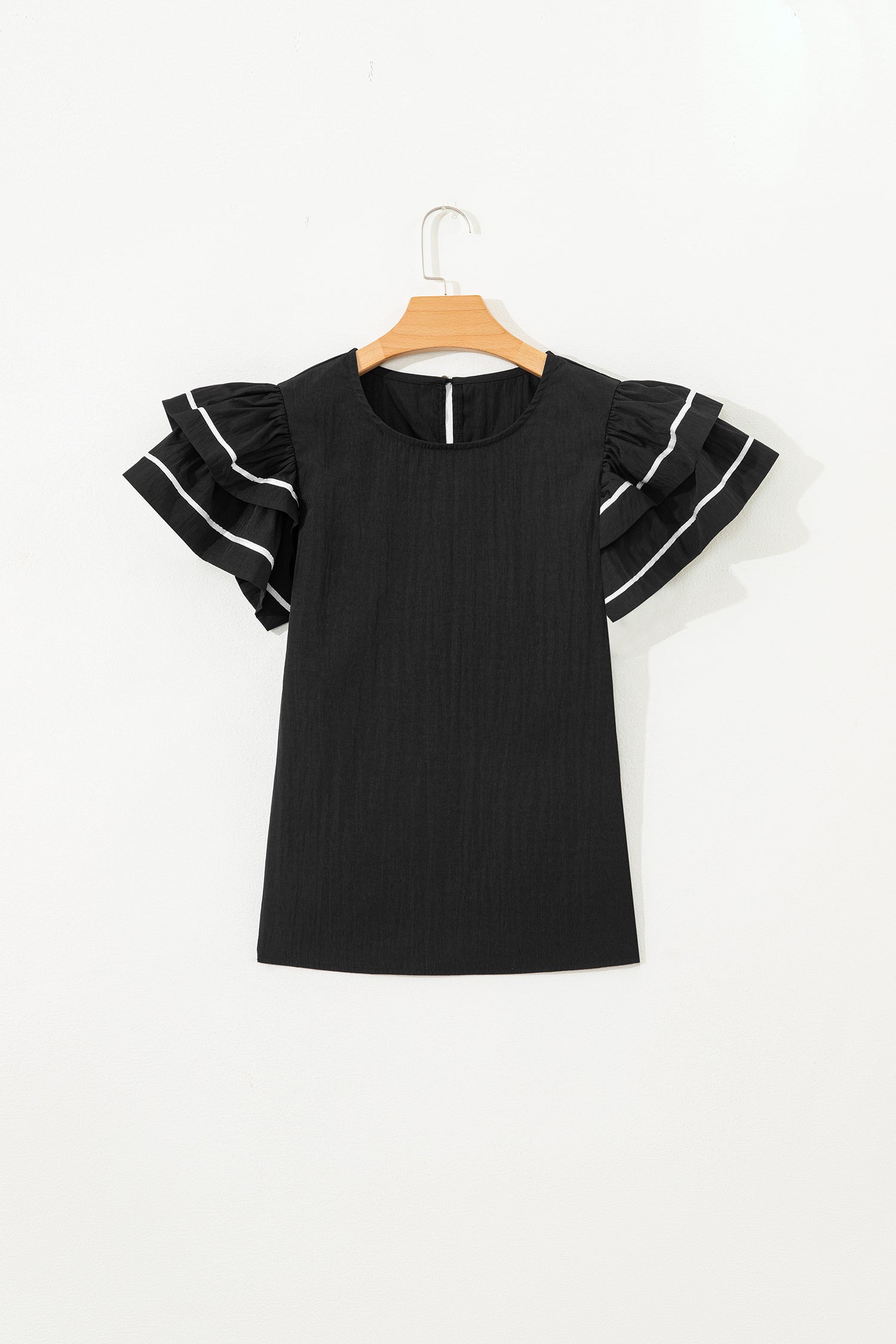 Black Contrast Trim Dual Ruffle Short Sleeve Textured Blouse-Tops/Blouses & Shirts-[Adult]-[Female]-2022 Online Blue Zone Planet