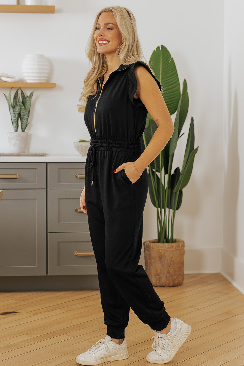 Blue Zone Planet | Black Zipper Flutter Sleeve Drawstring High Waist Jumpsuit-Bottoms/Jumpsuits & Rompers-[Adult]-[Female]-2022 Online Blue Zone Planet