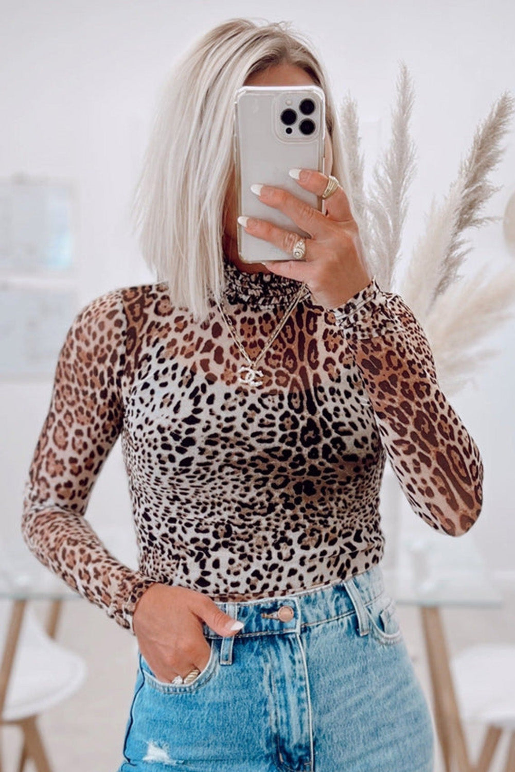 Brown Leopard Smocked Neck Mesh Long Sleeve Bodysuit-Tops/Bodysuits-[Adult]-[Female]-2022 Online Blue Zone Planet