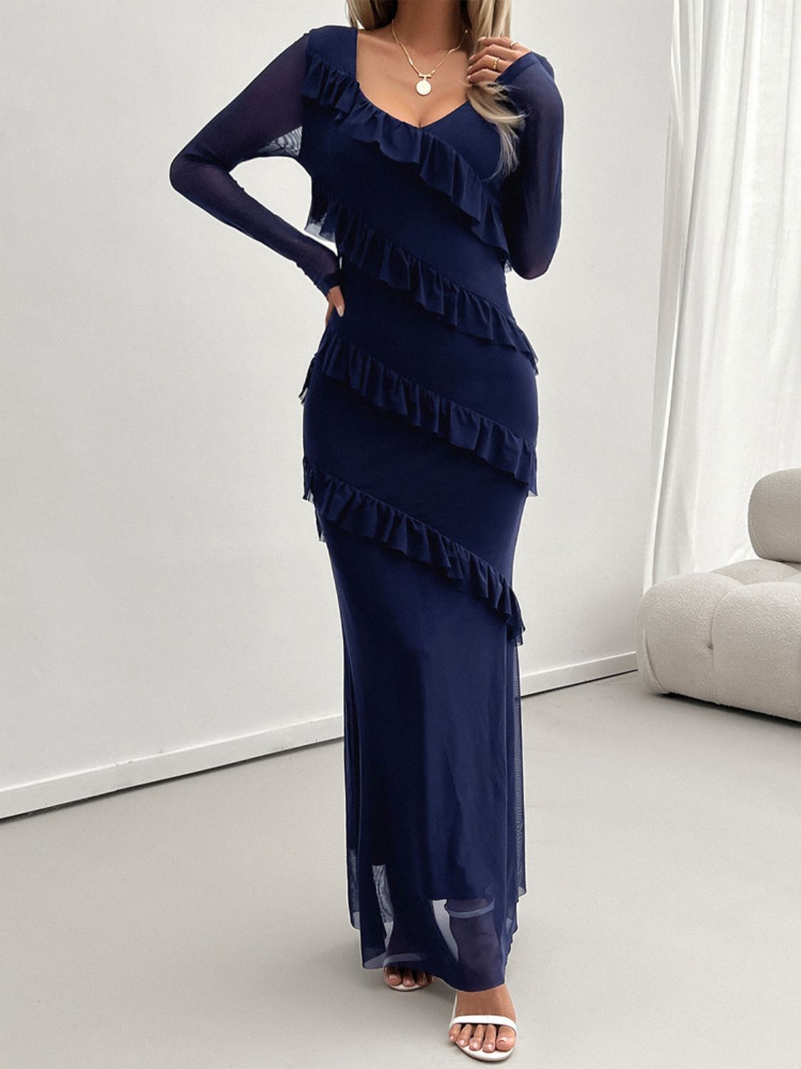 Devine Ruffled Surplice Long Sleeve Maxi Dress-TOPS / DRESSES-[Adult]-[Female]-2022 Online Blue Zone Planet