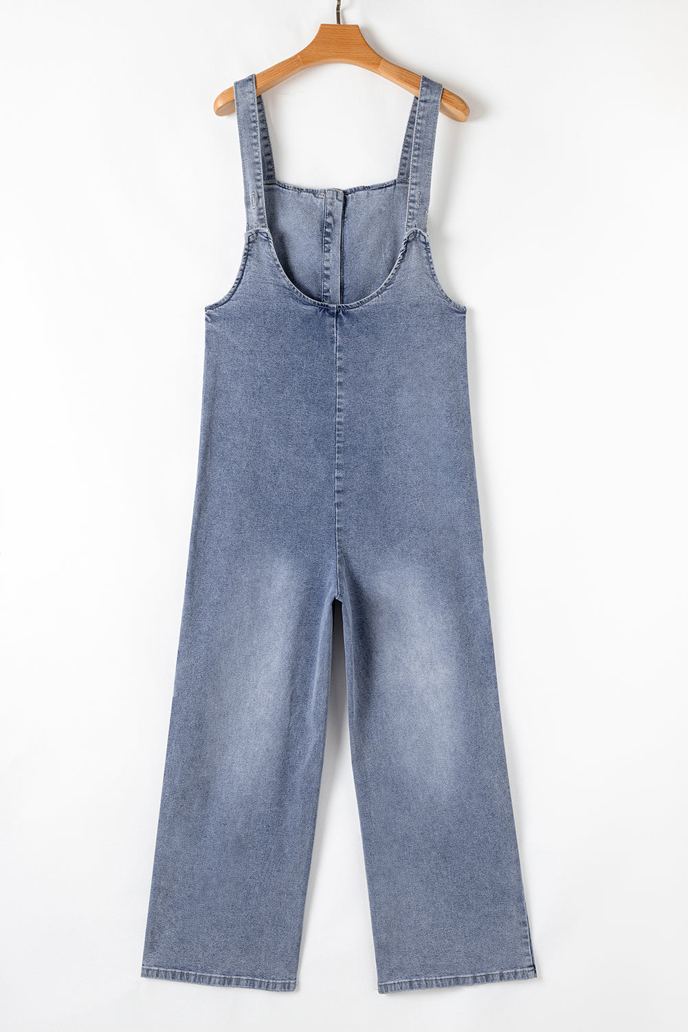 Blue Zone Planet | Stone Blue Washed Denim Half Buttons Patched Pocket Wide Leg Overalls-Bottoms/Jumpsuits & Rompers-[Adult]-[Female]-2022 Online Blue Zone Planet