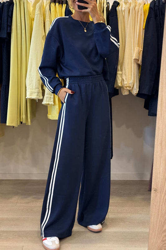 Dirty blue Varsity Striped Detail Crewneck Pullover Elastic Sweatpants 2pcs Outfit-Two Piece Sets/Pant Sets-[Adult]-[Female]-Dirty blue-S-2022 Online Blue Zone Planet