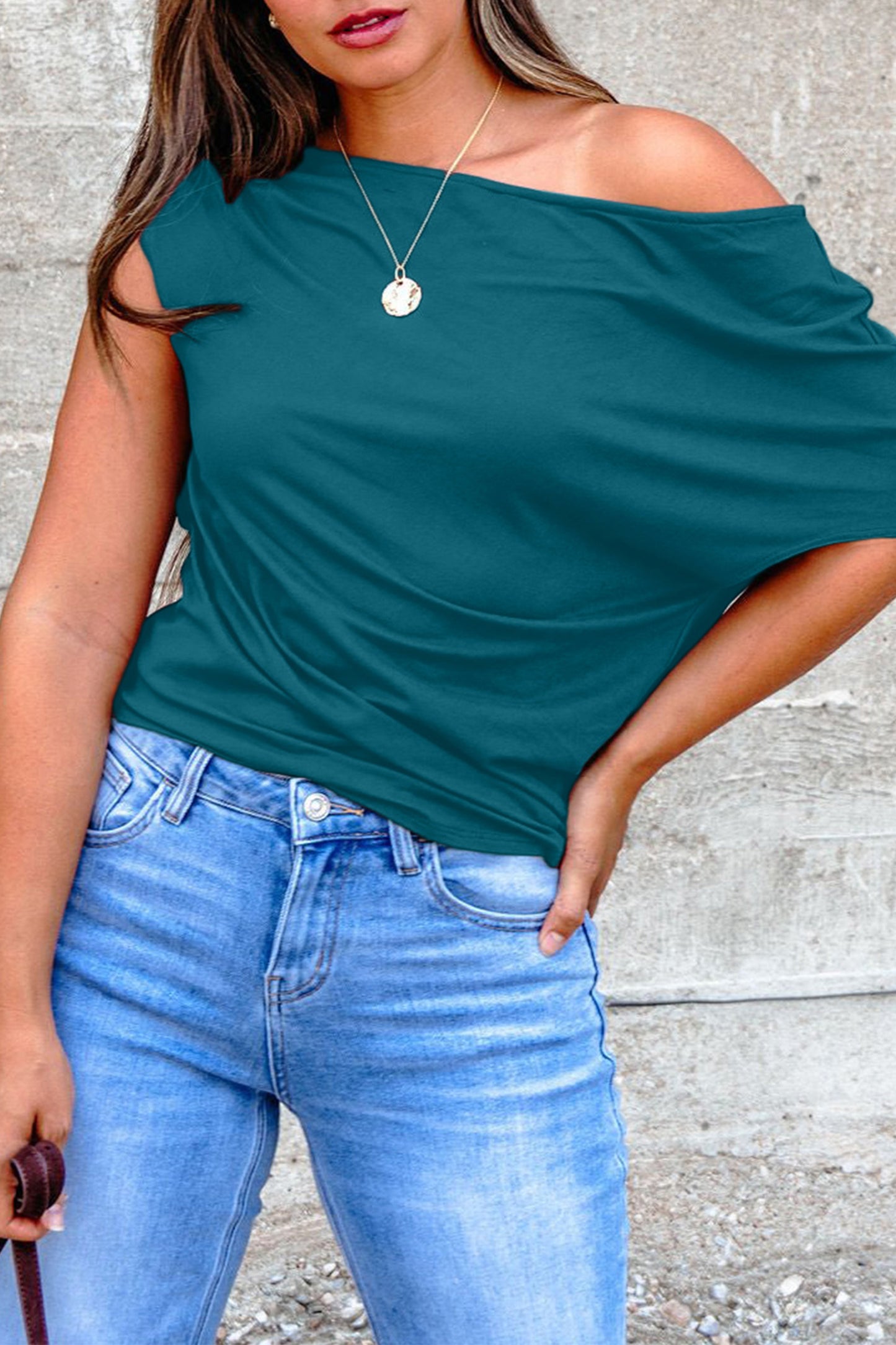Burgundy Plus Size Solid Color Asymmetric Neck Short Sleeve Blouse-Plus Size/Plus Size Tops/Plus Size Tops & Tees-[Adult]-[Female]-Blue Sapphire-L-2022 Online Blue Zone Planet