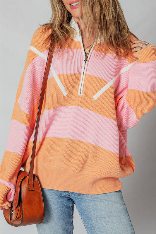 Orange Stripe Colorblock Half Zip Oversize Sweater-Sweaters & Cardigans/Sweaters-[Adult]-[Female]-2022 Online Blue Zone Planet