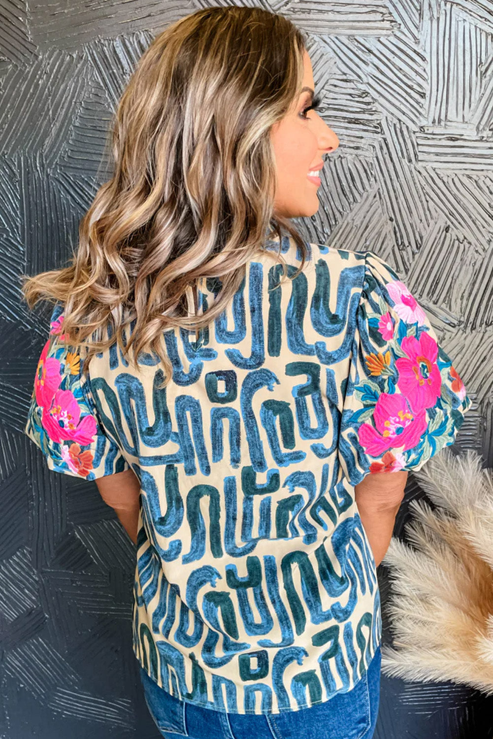 Blackish Green Embroidered Puff Sleeve Frilled Neck Printed Top-Tops/Tops & Tees-[Adult]-[Female]-2022 Online Blue Zone Planet