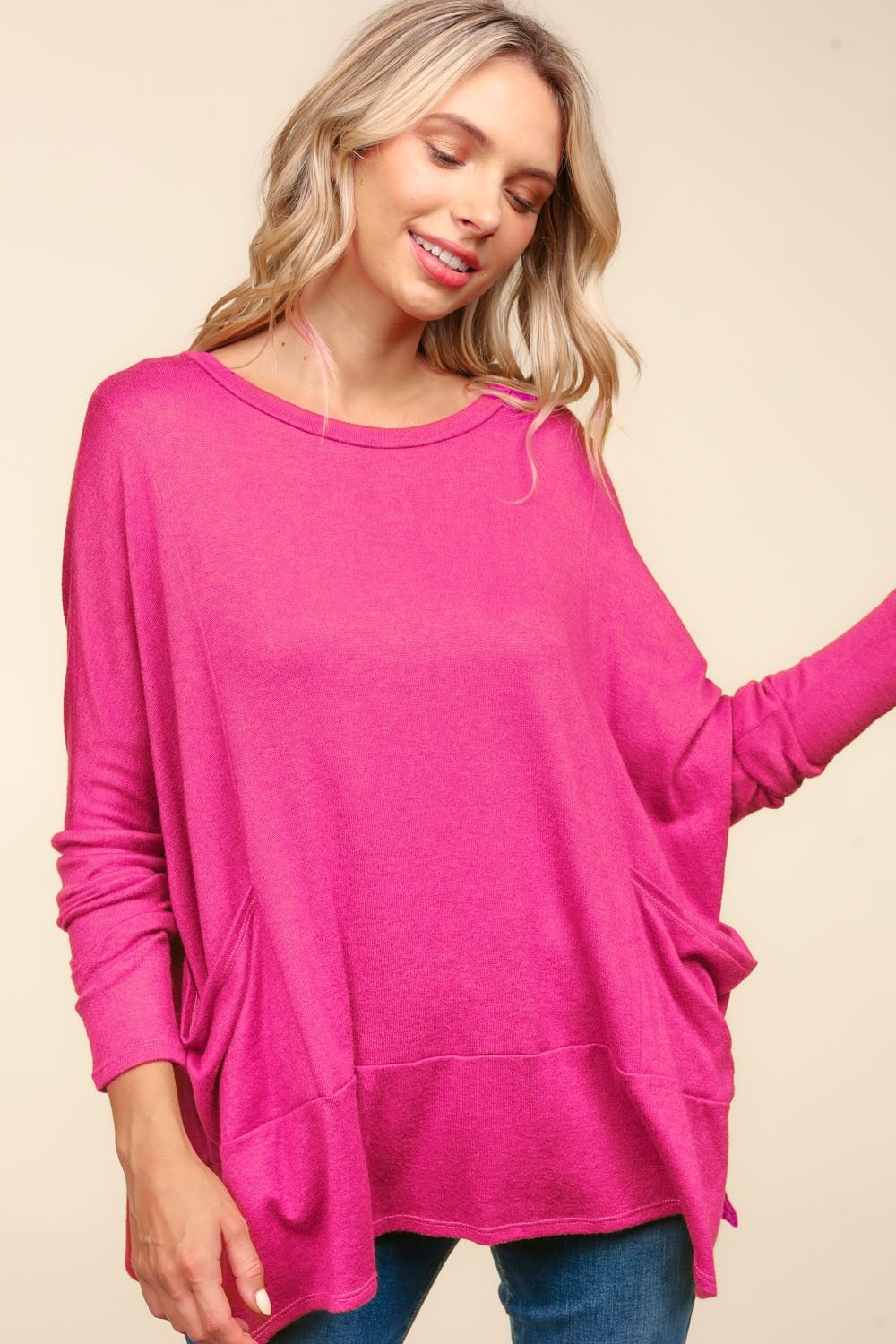 Haptics Dolman Long Sleeve Oversized Knit Top with Pockets-TOPS / DRESSES-[Adult]-[Female]-Fuchsia-S-2022 Online Blue Zone Planet