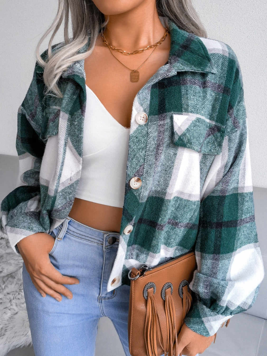 Plaid Collared Neck Long Sleeve Jacket-TOPS / DRESSES-[Adult]-[Female]-2022 Online Blue Zone Planet