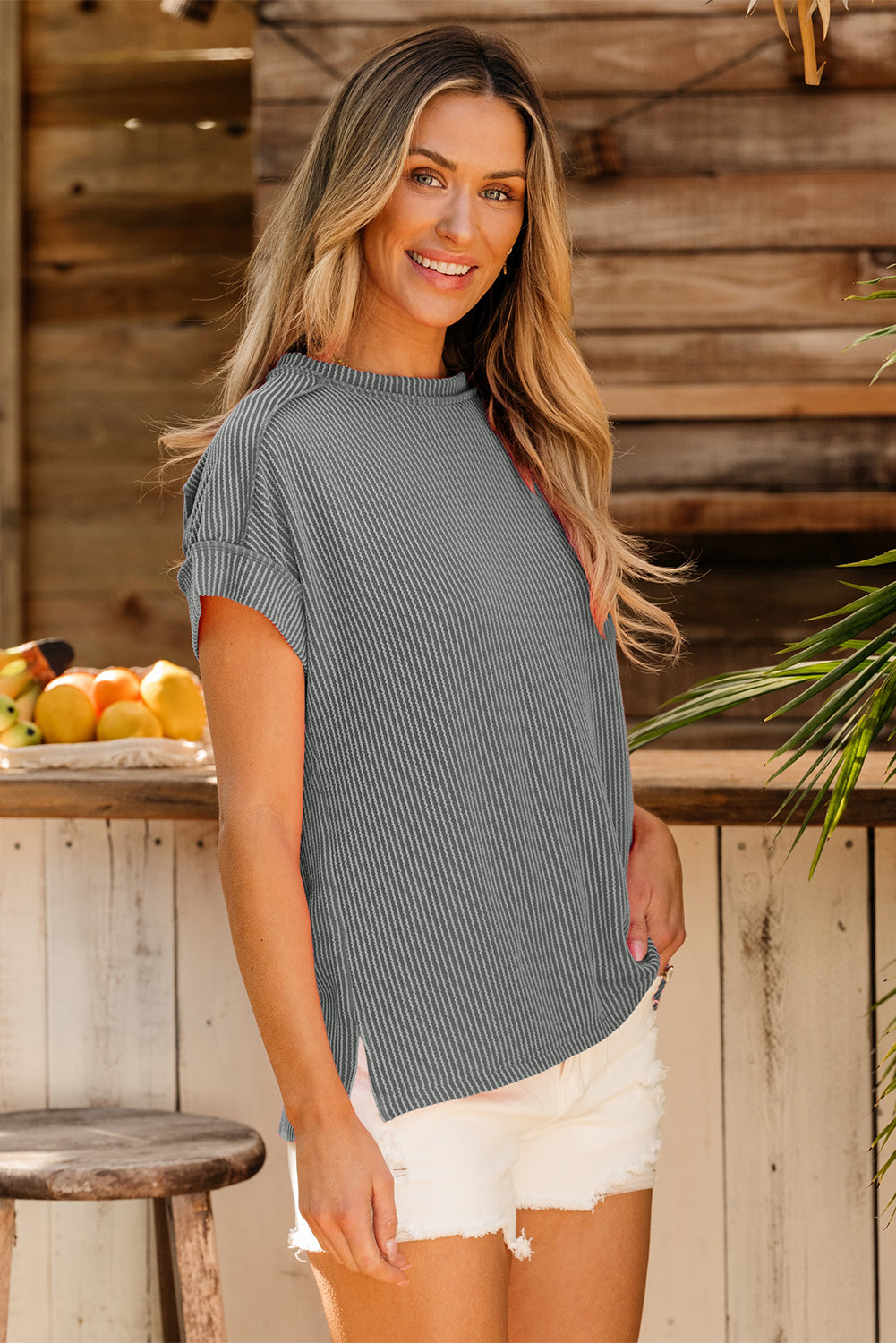Black Textured Knit Exposed Stitching T-Shirt-Tops/Tops & Tees-[Adult]-[Female]-2022 Online Blue Zone Planet