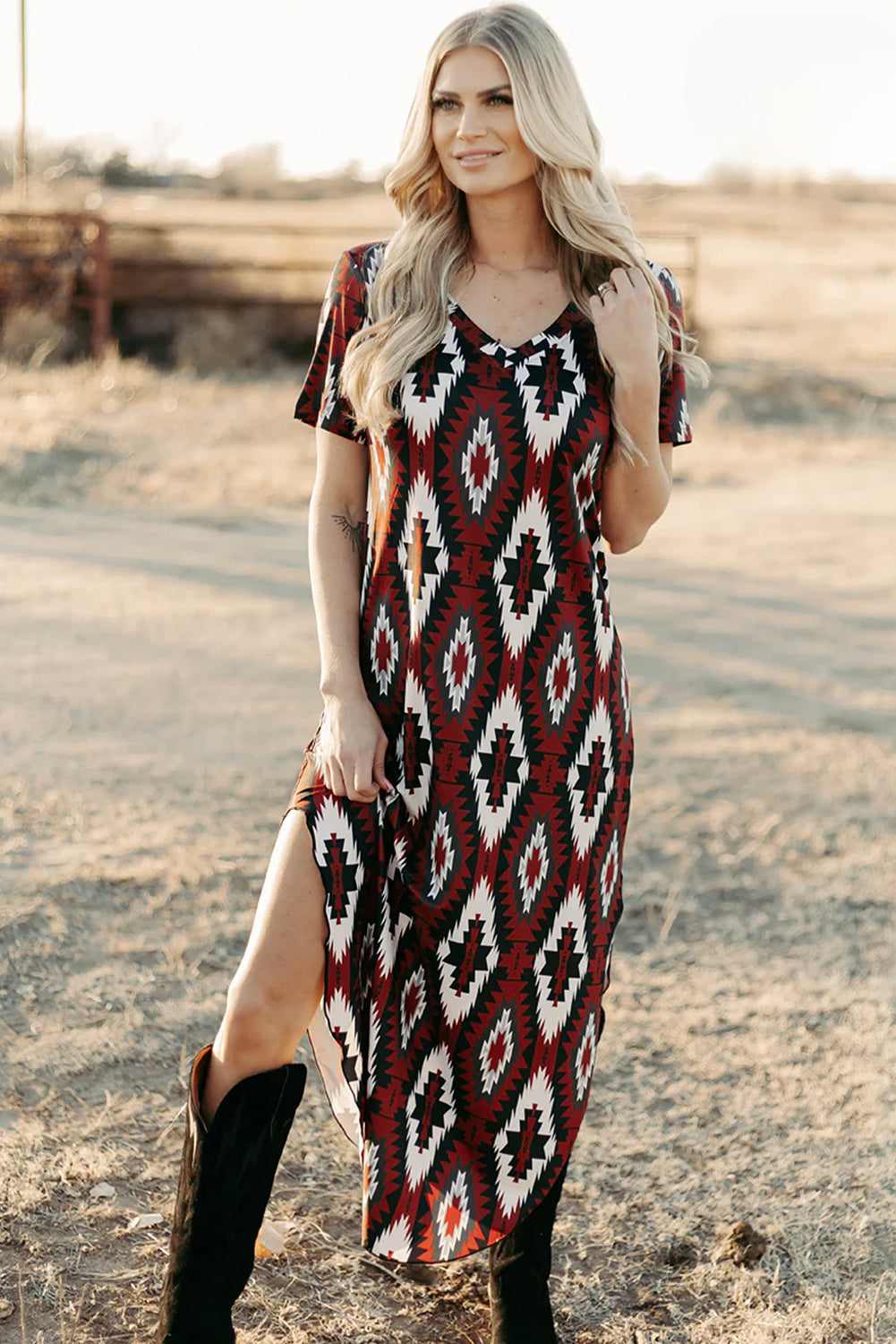 aztec print long sleeve dress Sterling Kreek Aztec Outskirts Maxi Dress