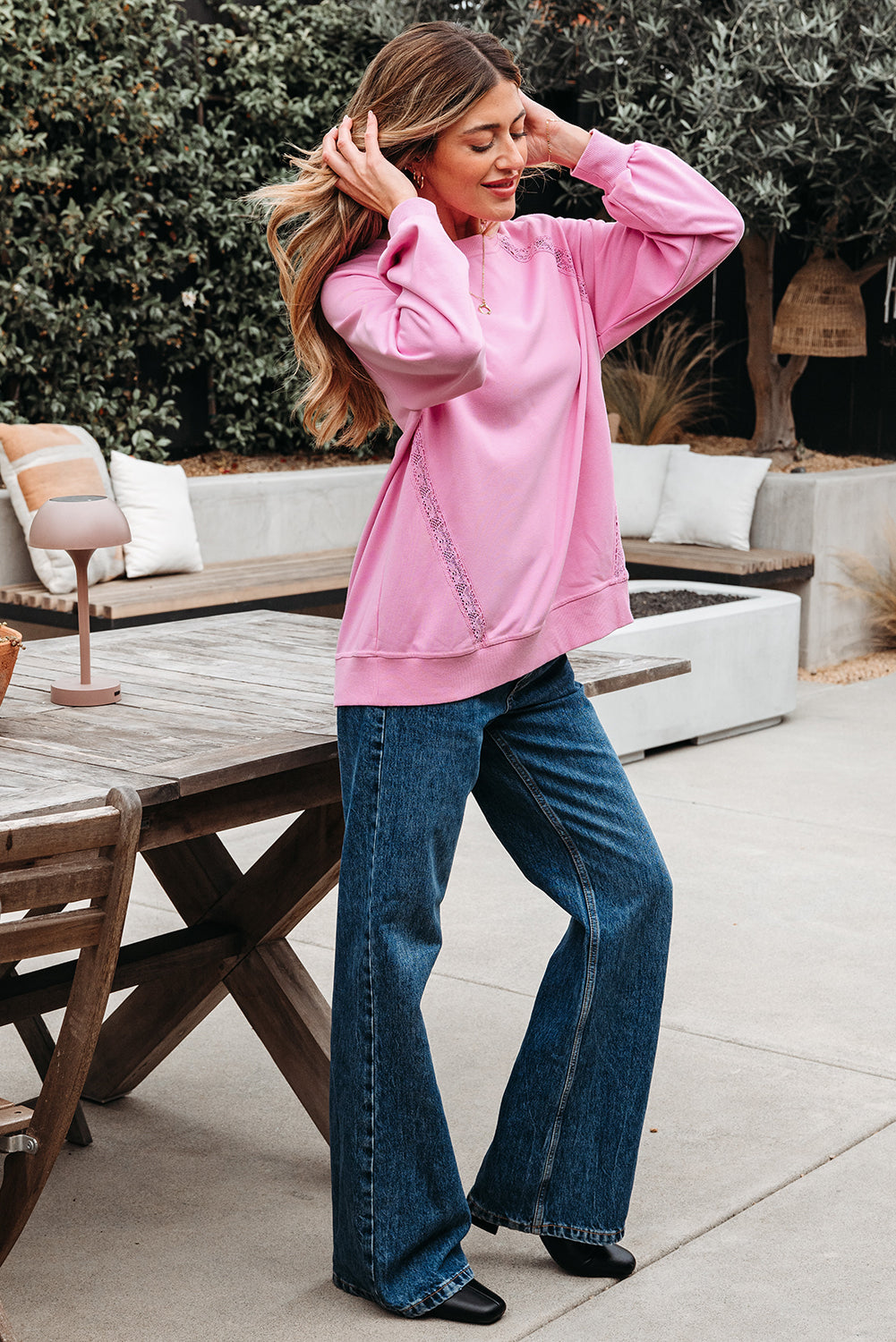 Bright Pink Lace Patched Raglan Sleeve Loose Fit Sweatshirt-Tops/Sweatshirts & Hoodies-[Adult]-[Female]-2022 Online Blue Zone Planet