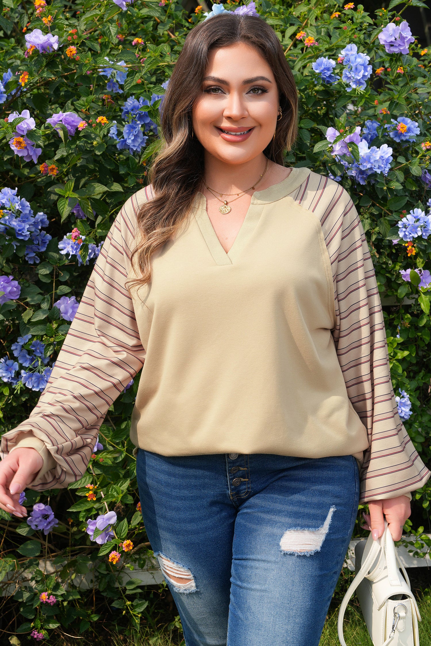 Parchment Striped Raglan Sleeve Notched Neck Raw Edge Plus Size Jumper-Plus Size/Plus Size Tops/Plus Size Long Sleeve Tops-[Adult]-[Female]-2022 Online Blue Zone Planet