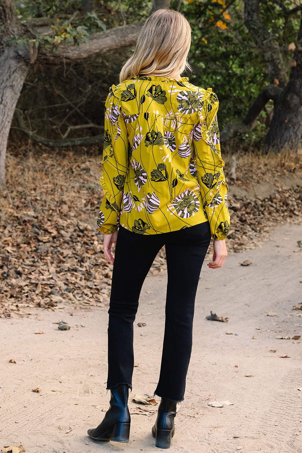 Yellow Vintage Floral V Neck Ruffle Trim Long Sleeve Blouse-Tops/Blouses & Shirts-[Adult]-[Female]-2022 Online Blue Zone Planet