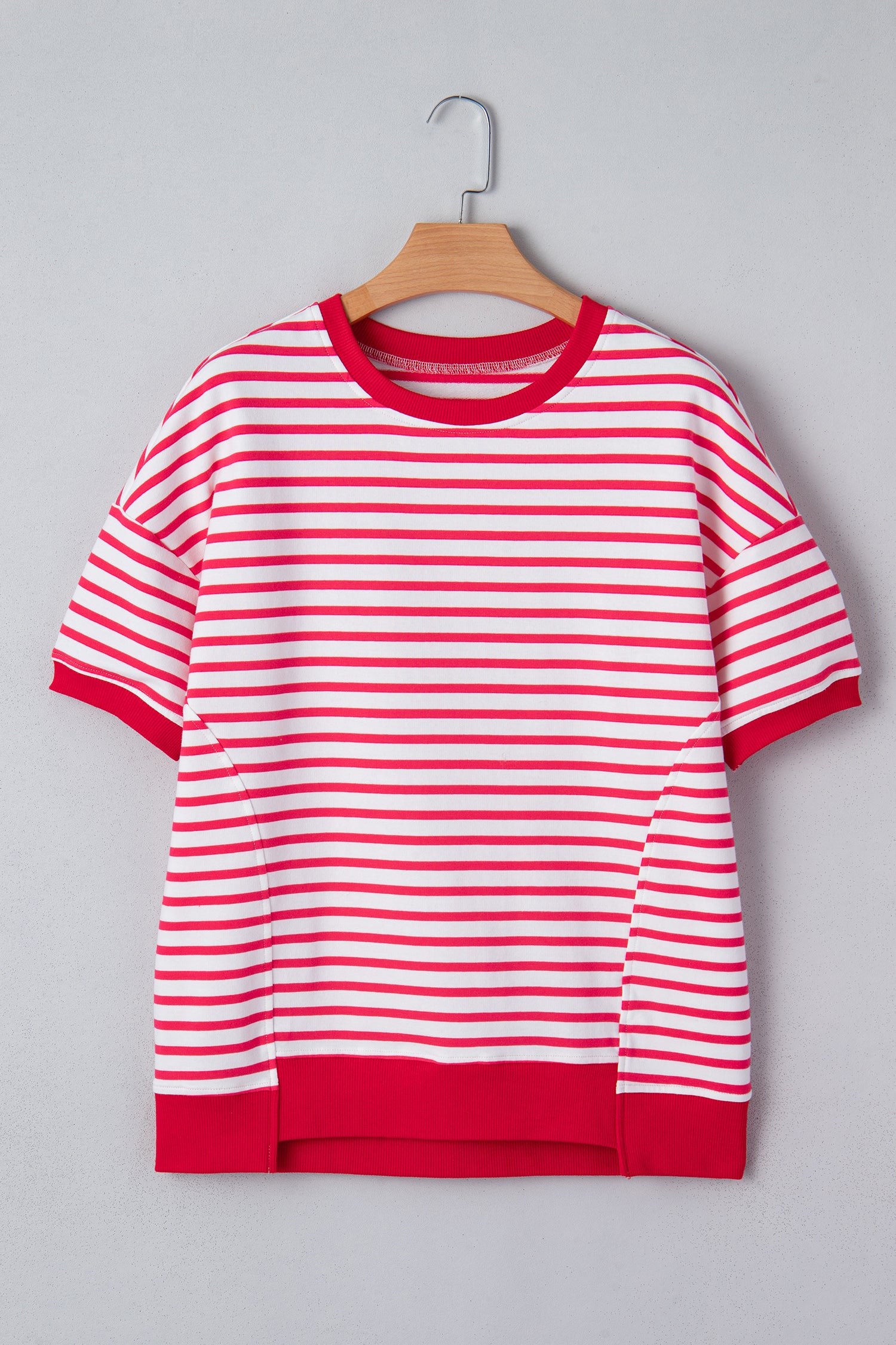 Red Stripe Drop Shoulder Half Sleeve T Shirt-Tops/Tops & Tees-[Adult]-[Female]-2022 Online Blue Zone Planet