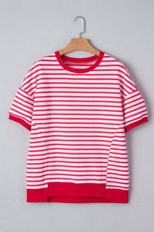 Red Stripe Drop Shoulder Half Sleeve T Shirt-Tops/Tops & Tees-[Adult]-[Female]-2022 Online Blue Zone Planet
