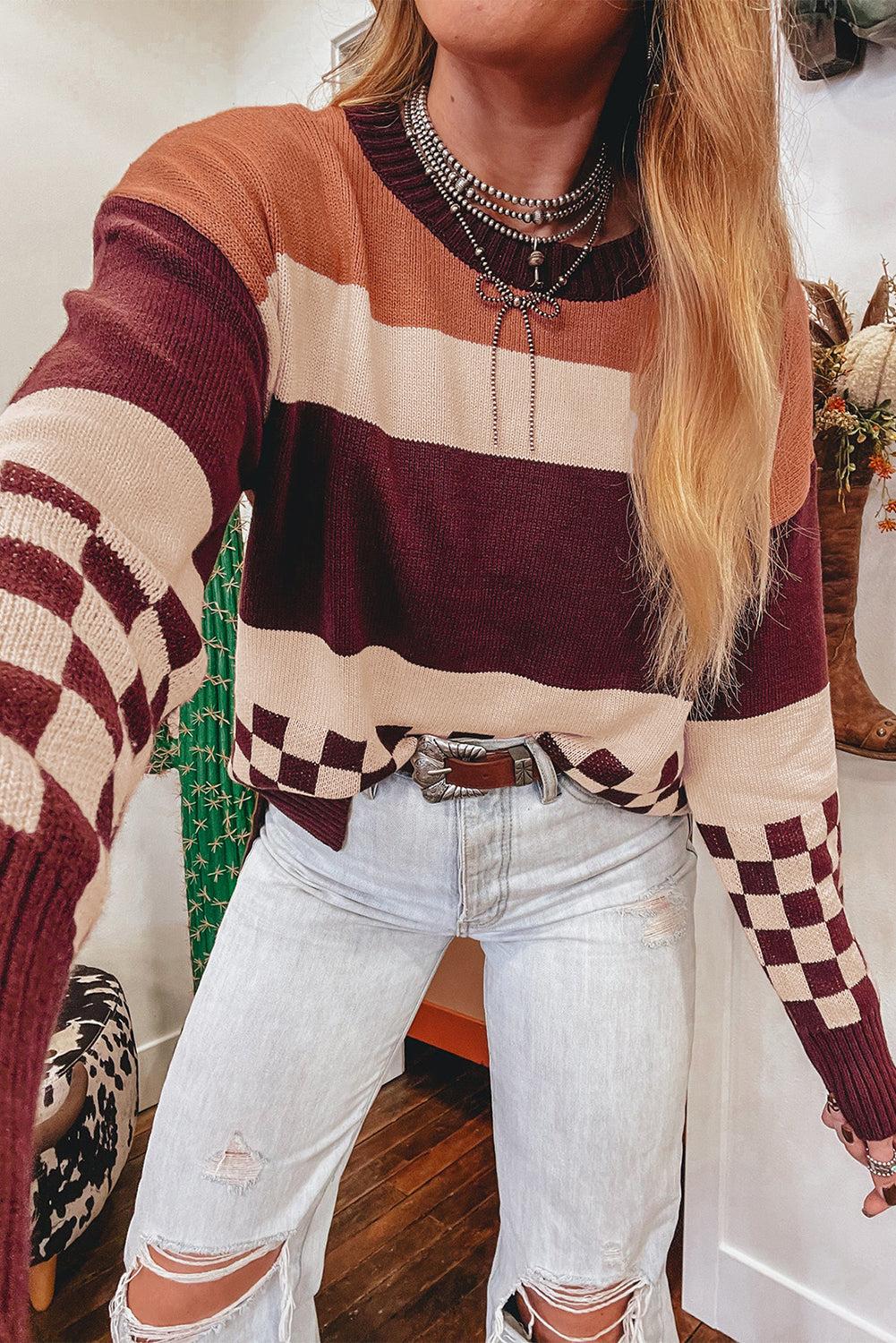 Brown Checkered Color Block Knitted Drop Shoulder Sweater-TOPS / DRESSES-[Adult]-[Female]-2022 Online Blue Zone Planet