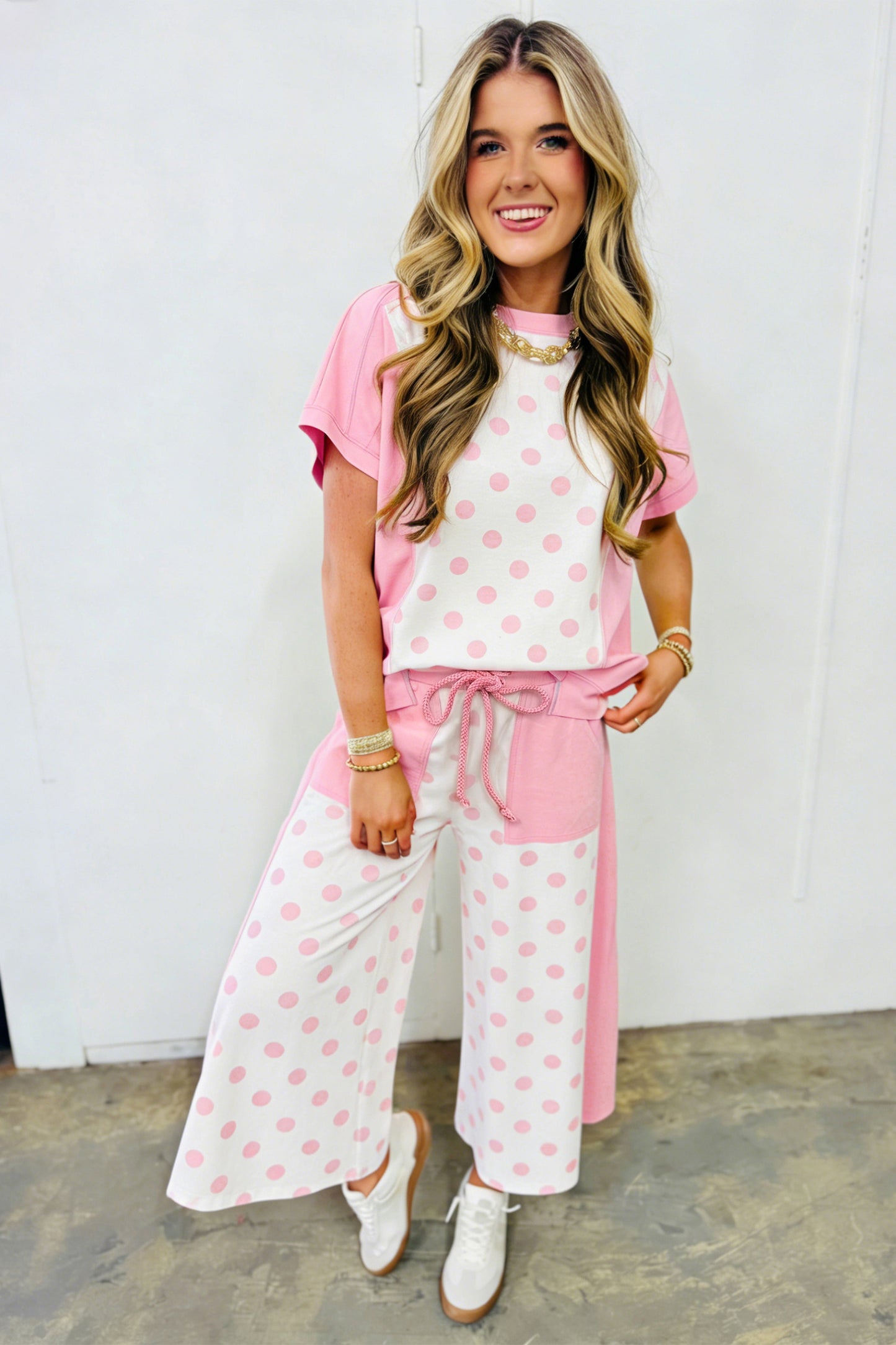 Pink Color Block Patchwork Polka Dot Wide Leg Pant Set-Two Piece Sets/Pant Sets-[Adult]-[Female]-2022 Online Blue Zone Planet