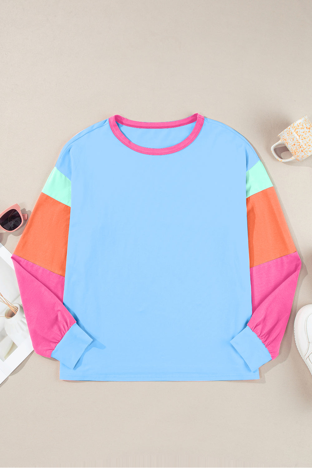 Blue Zone Planet | Color Block Round Neck Long Sleeve Top-TOPS / DRESSES-[Adult]-[Female]-2022 Online Blue Zone Planet