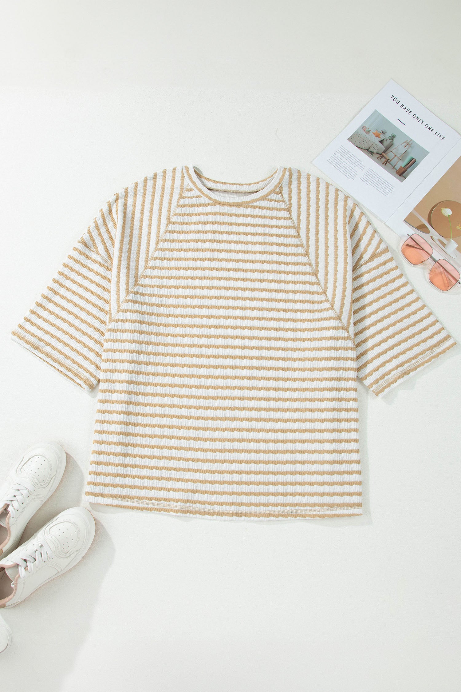 Apricot Stripe Plus Size Textured Patchwork Detail Half Sleeve Top-Plus Size/Plus Size Tops/Plus Size Tops & Tees-[Adult]-[Female]-2022 Online Blue Zone Planet