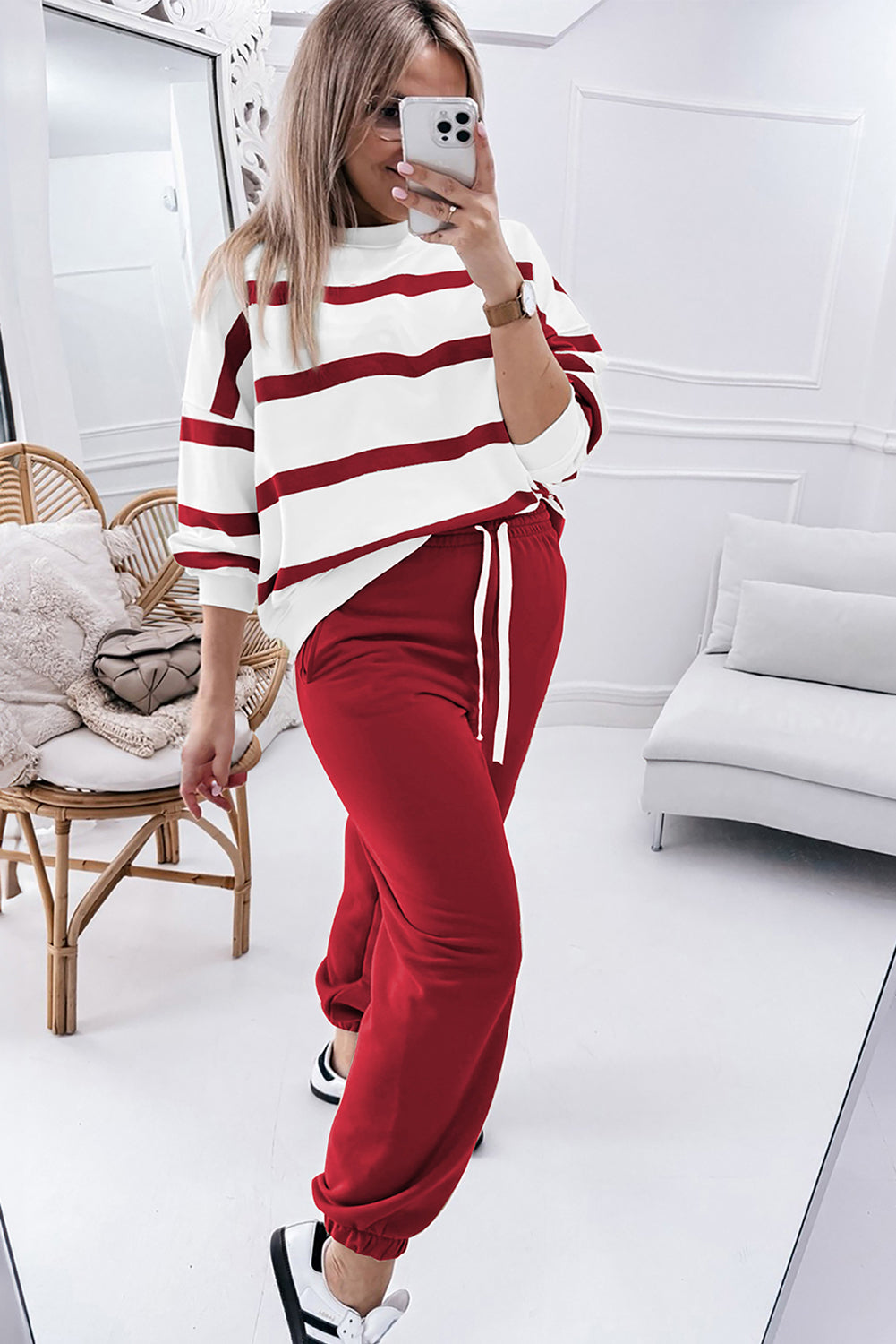 Blue Zone Planet | Brown Stripe Striped Drop Shoulder Pullover and Jogger Pants Set-Two Piece Sets/Pant Sets-[Adult]-[Female]-2022 Online Blue Zone Planet