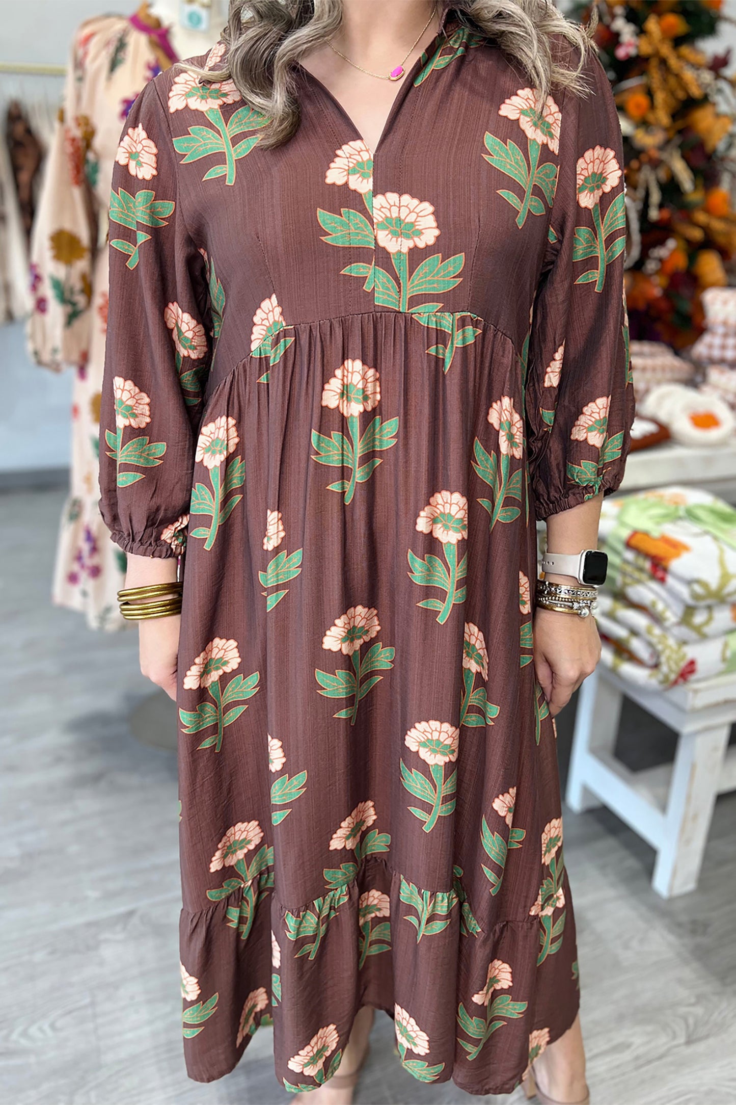Brown Floral Print V-Neck Long Sleeve Loose Shift Plus Size Dress-Plus Size/Plus Size Dresses/Plus Size Maxi Dresses-[Adult]-[Female]-2022 Online Blue Zone Planet