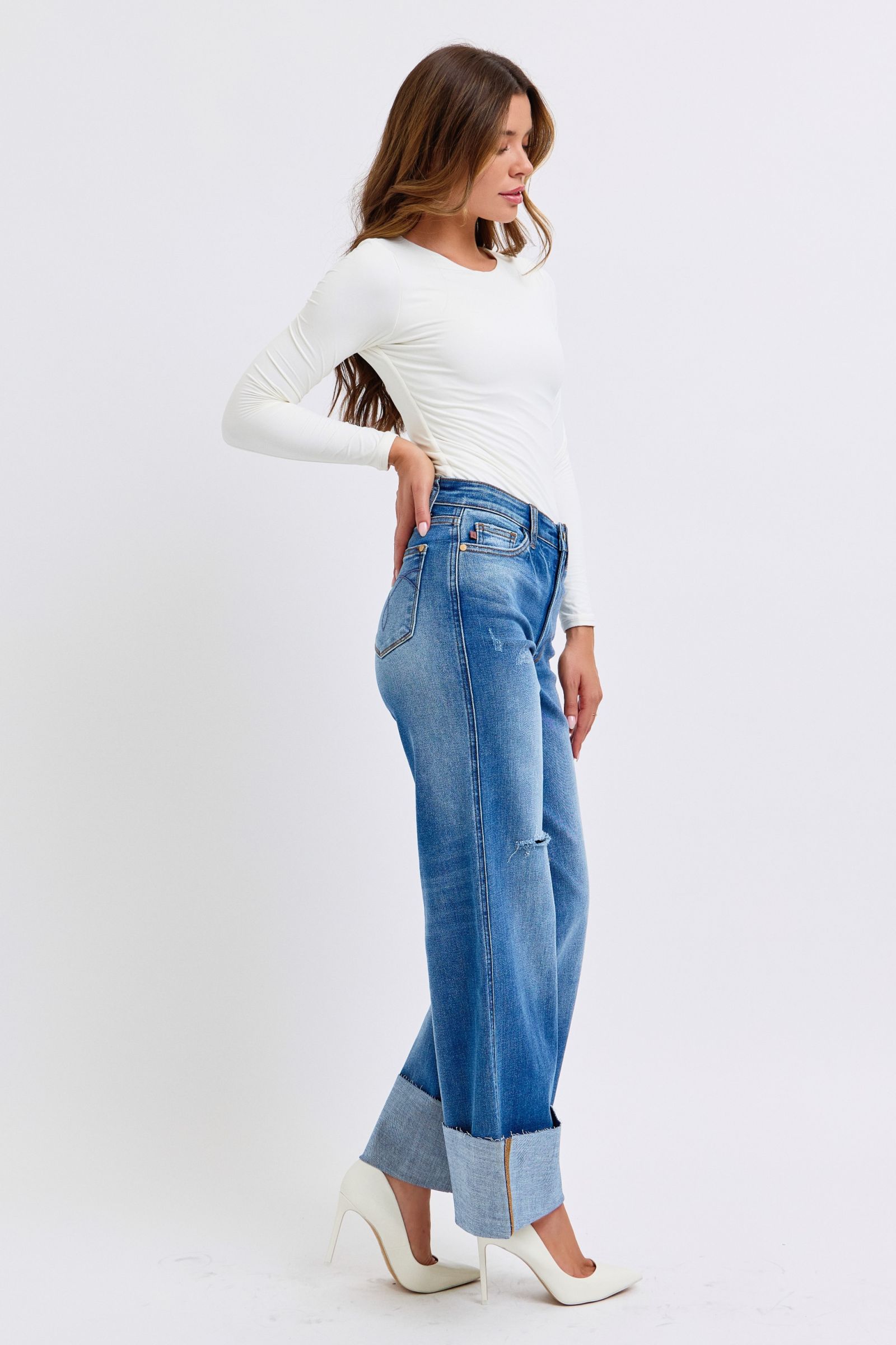 Blue Zone Planet | Judy Blue Full Size Distressed High Waist Wide Leg Jeans-BOTTOMS SIZES SMALL MEDIUM LARGE-[Adult]-[Female]-2022 Online Blue Zone Planet