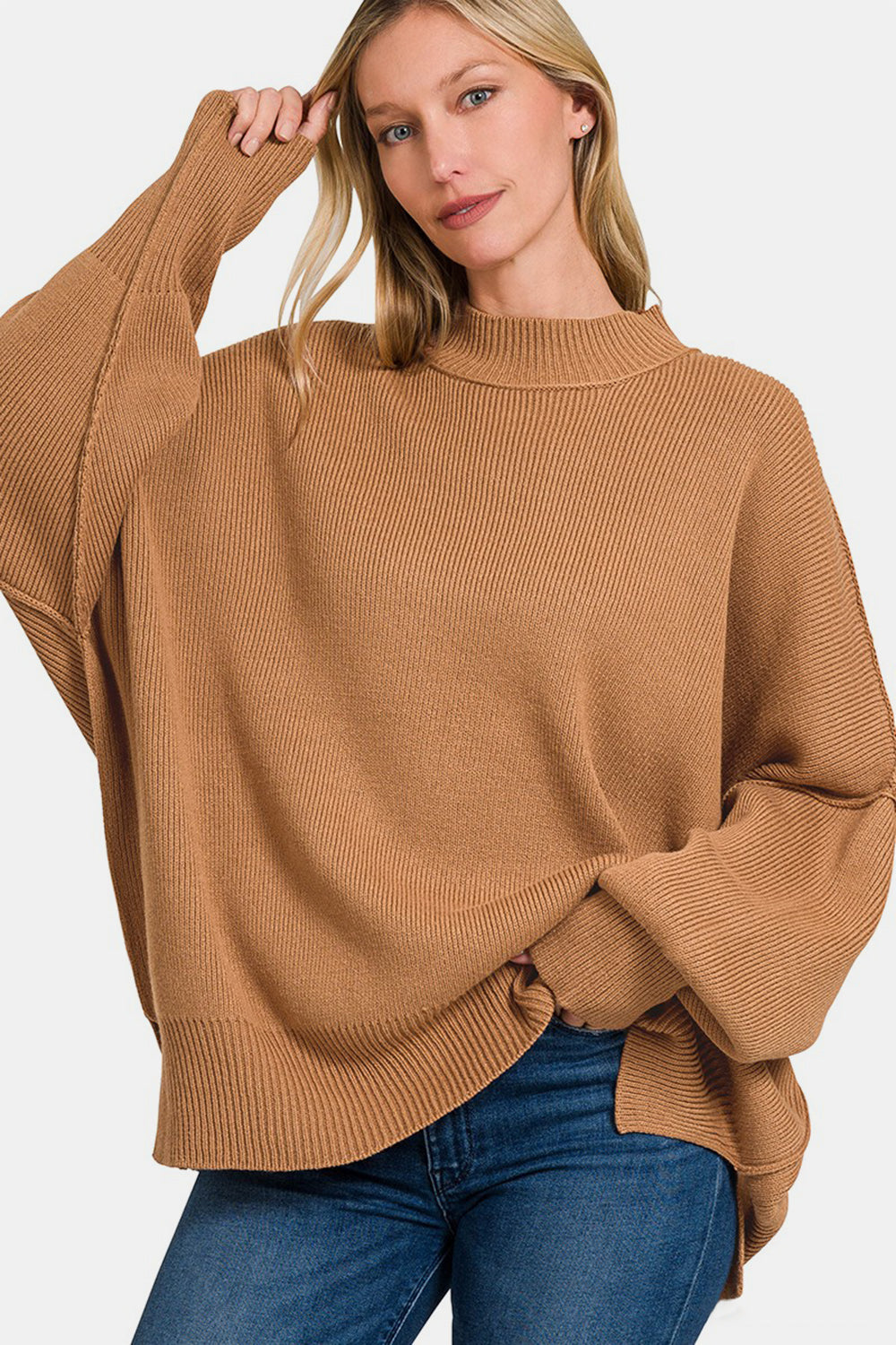 Zenana Side Sit Oversize Sweater-TOPS / DRESSES-[Adult]-[Female]-Deep Camel-S/M-2022 Online Blue Zone Planet