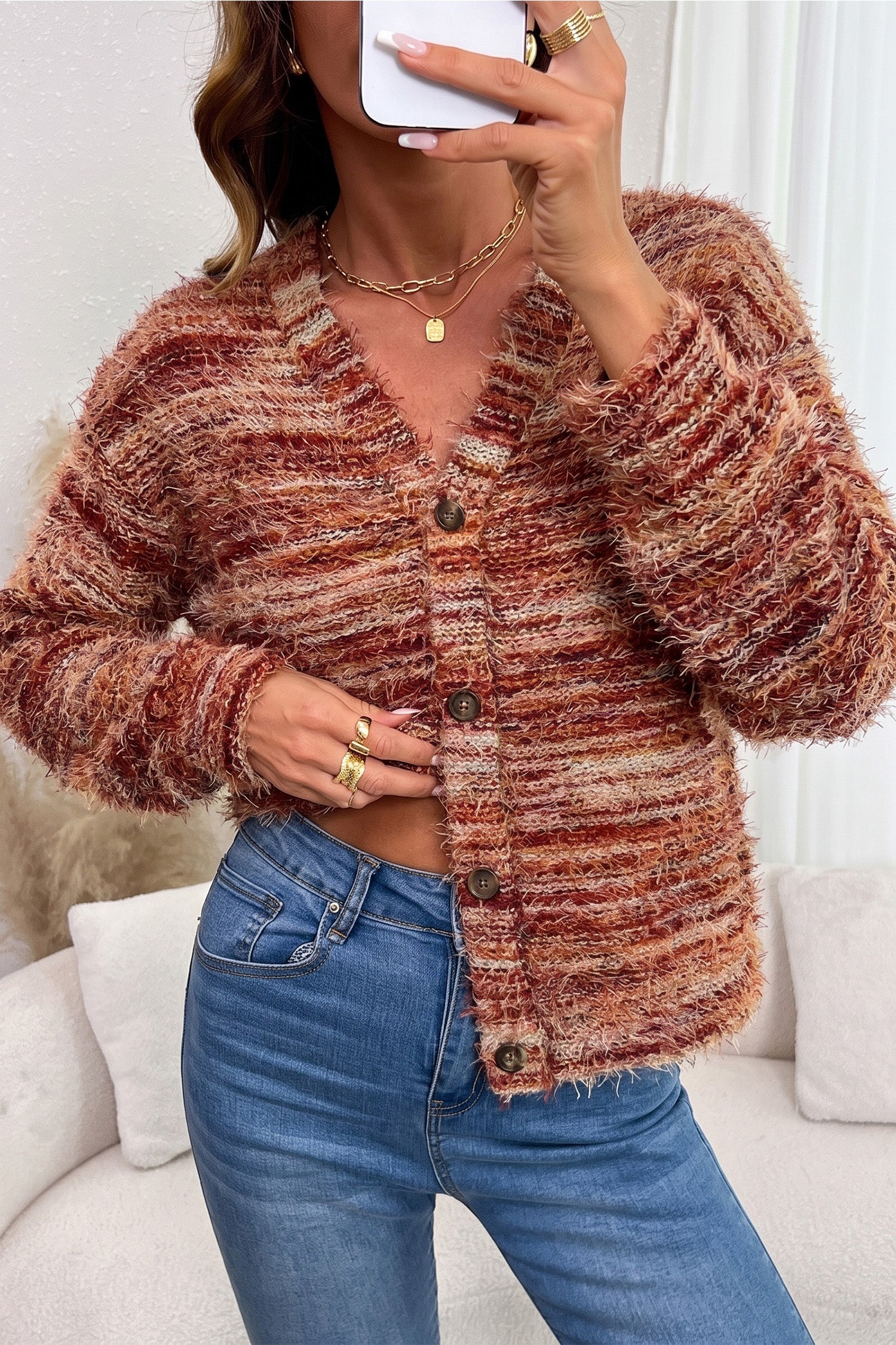 Tawny Fuzzy Striped Button Front Cardigan Sweater-Sweaters & Cardigans/Cardigans-[Adult]-[Female]-2022 Online Blue Zone Planet