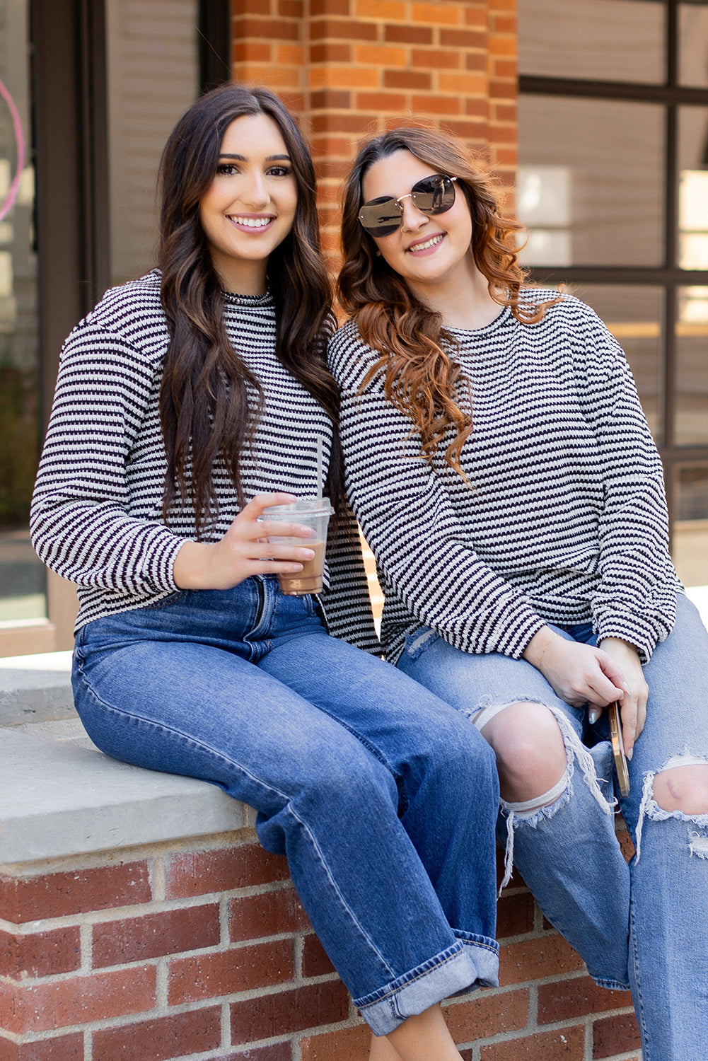 Rose Stripe Round Neck Drop Shoulder Long Sleeve Top-Tops/Long Sleeve Tops-[Adult]-[Female]-2022 Online Blue Zone Planet