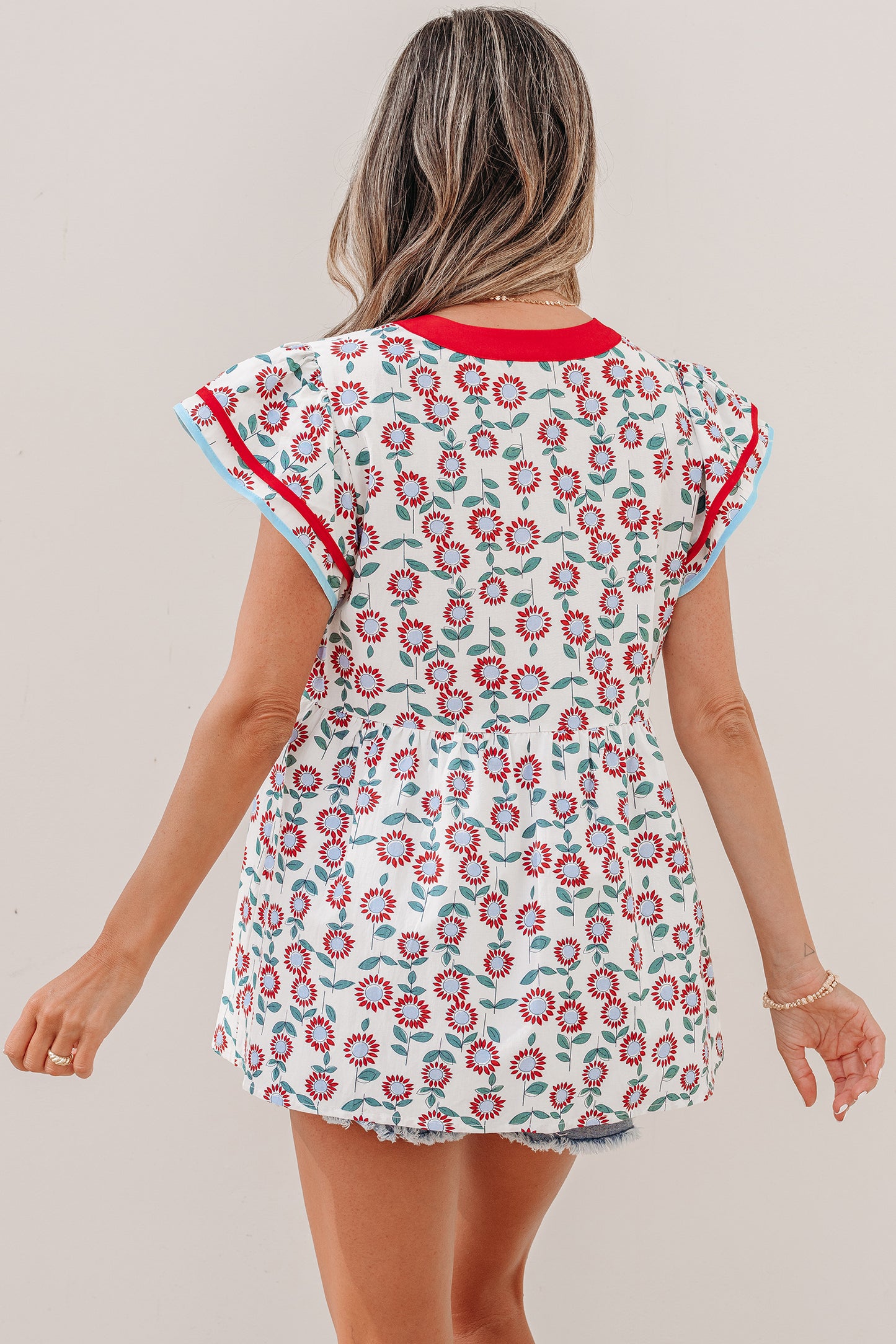 Red Sunflower Printed Contrast Trim V Neck Flutter Sleeve Blouse-Tops/Blouses & Shirts-[Adult]-[Female]-2022 Online Blue Zone Planet