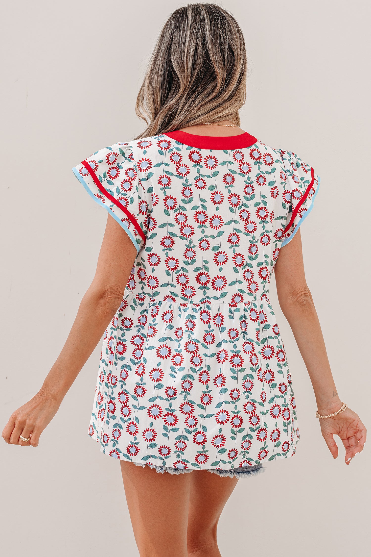 Red Sunflower Printed Contrast Trim V Neck Flutter Sleeve Blouse-Tops/Blouses & Shirts-[Adult]-[Female]-2022 Online Blue Zone Planet
