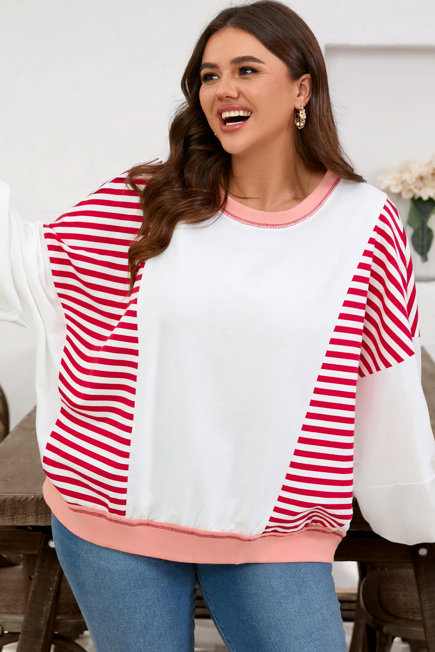 Red Stripe Color Block Patchwork Seam Detail Plus Size Sweatshirt-Plus Size/Plus Size Sweatshirts & Hoodies-[Adult]-[Female]-2022 Online Blue Zone Planet