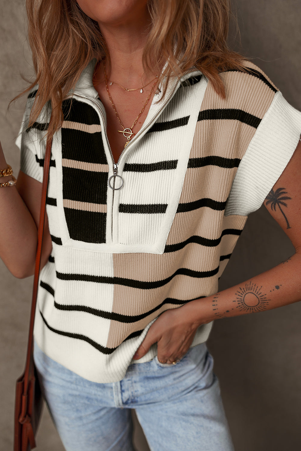 Blue Zone Planet | Sky Blue Stripe Colorblock Quarter Zip Collar Sweater Vest-Sweaters & Cardigans/Sweater Vests-[Adult]-[Female]-Black Stripe-S-2022 Online Blue Zone Planet