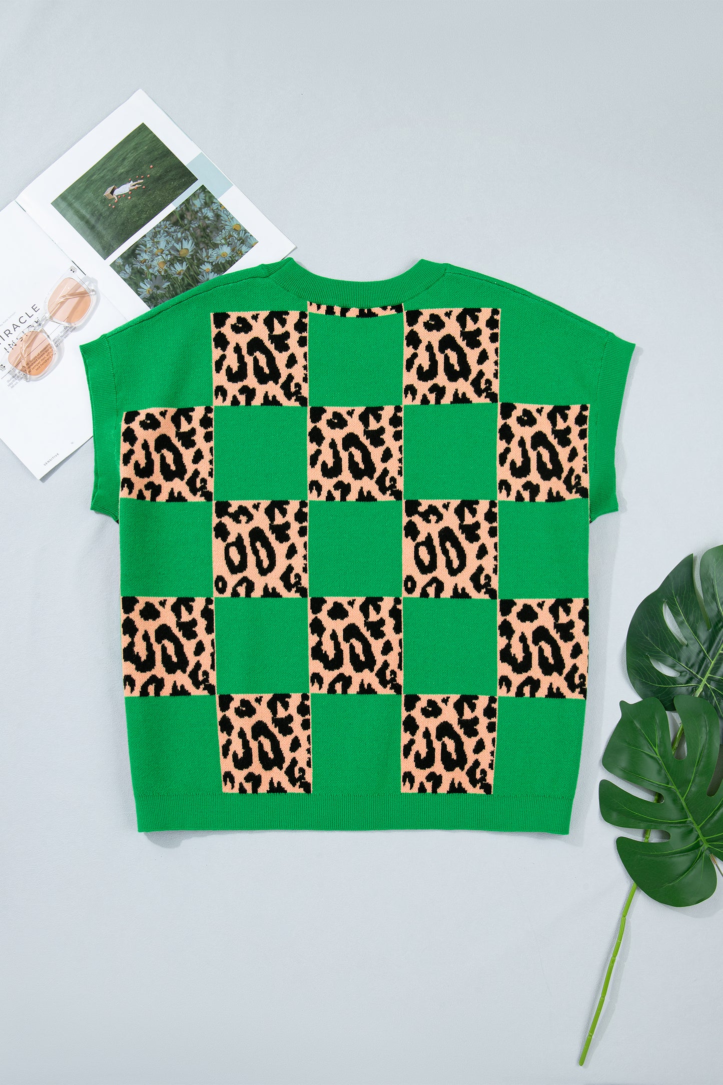Green Plus Size Leopard Contrasted Checkered Short Sleeve Sweater-TOPS / DRESSES-[Adult]-[Female]-2022 Online Blue Zone Planet