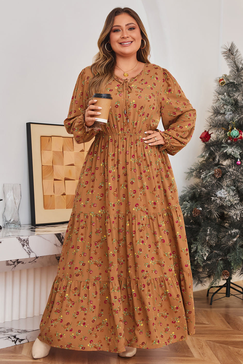 Brown Plus Size Floral Split V Neck Ruffled Sleeve Tiered Maxi Dress-TOPS / DRESSES-[Adult]-[Female]-2022 Online Blue Zone Planet