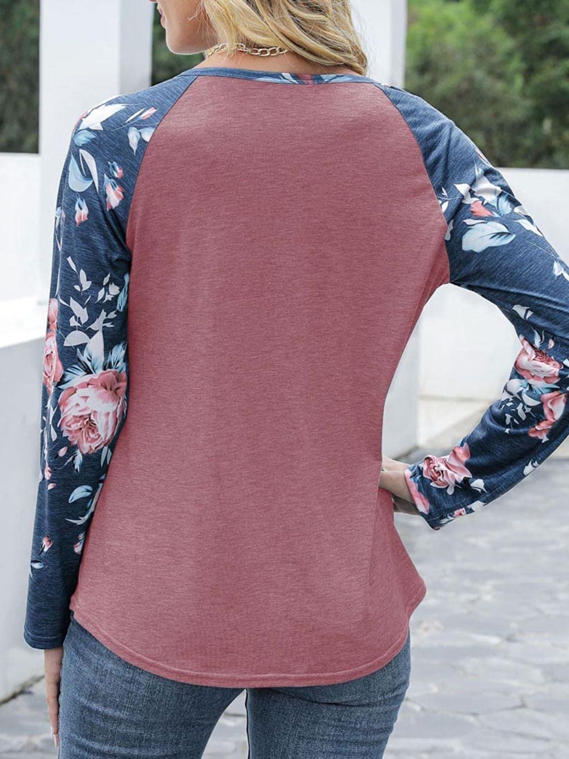 V-Neck Floral Long Sleeve T-Shirt-TOPS / DRESSES-[Adult]-[Female]-2022 Online Blue Zone Planet