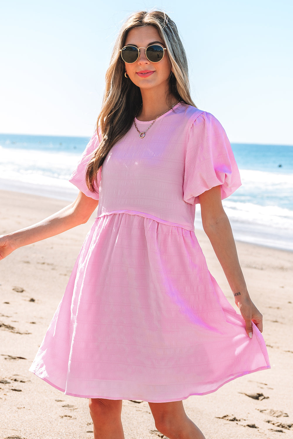 Bonbon Textured Bubble Sleeve High Waist Mini Dress-TOPS / DRESSES-[Adult]-[Female]-2022 Online Blue Zone Planet