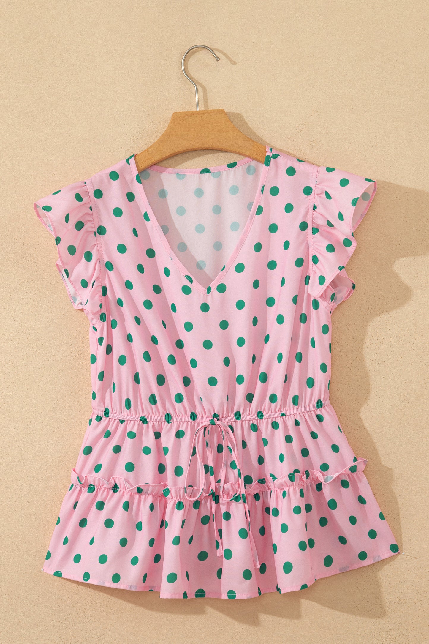 Pink V Neck Polka Dot Print Drawstring Tiered Babydoll Blouse-Tops/Blouses & Shirts-[Adult]-[Female]-2022 Online Blue Zone Planet